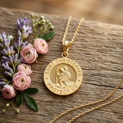 14k Real Yellow Solid Gold Saint Christopher Medal Round Pendant, 17.5mm