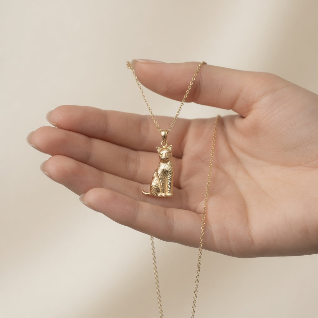 14K Real Solid Yellow Gold Sitting Cat Pendant, 25x13mm