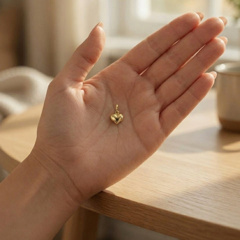 14K Yellow Gold 3-D Puffed Heart Charm Pendant, 12x7mm