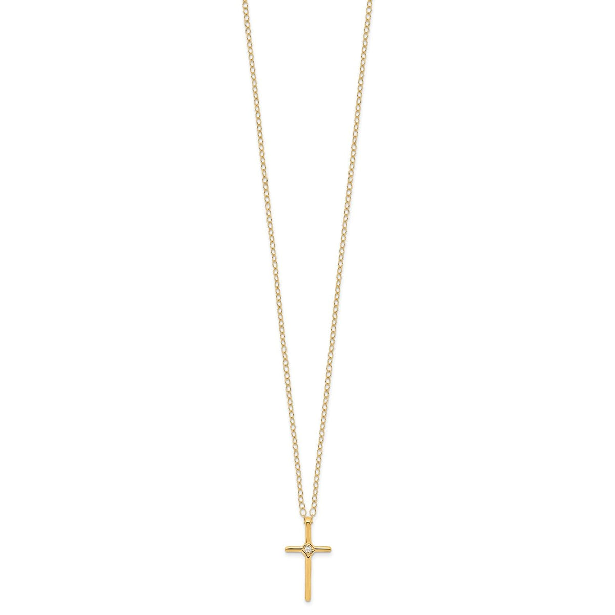 14k Yellow Gold Diamond Cross Pendant Necklace, 15 Inch Chain, 0.01ct