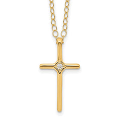 14k Yellow Gold Diamond Cross Pendant Necklace, 15 Inch Chain, 0.01ct