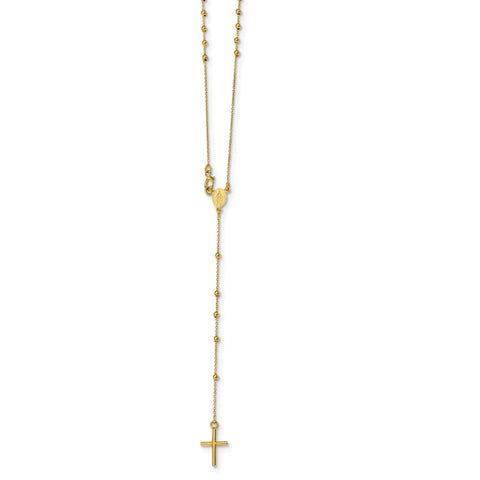 14K Yellow Gold Rosary Cross Pendant Necklace, Beaded Chain, 16.5 Inches