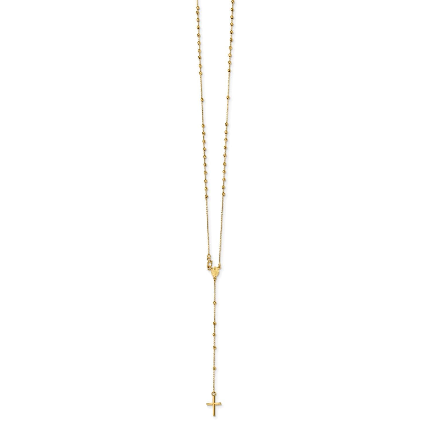 14K Yellow Gold Rosary Cross Pendant Necklace, Beaded Chain, 16.5 Inches