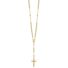 14K Yellow Gold Rosary Necklace, 4mm Beaded Chain, 24 inch Length, Cross Pendant