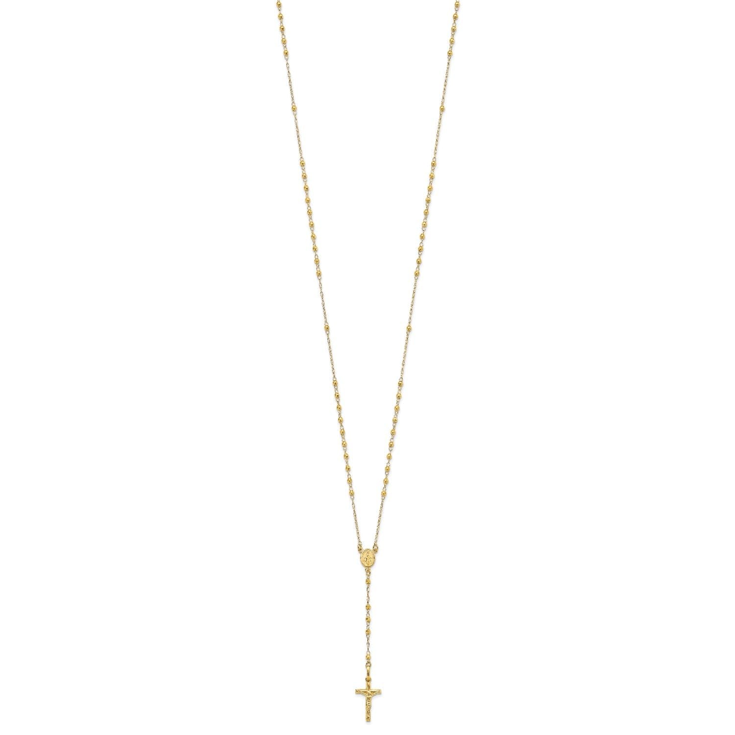 14K Yellow Gold Rosary Necklace, Faceted Beads Chain, Cross and Medallion, 24 Inch