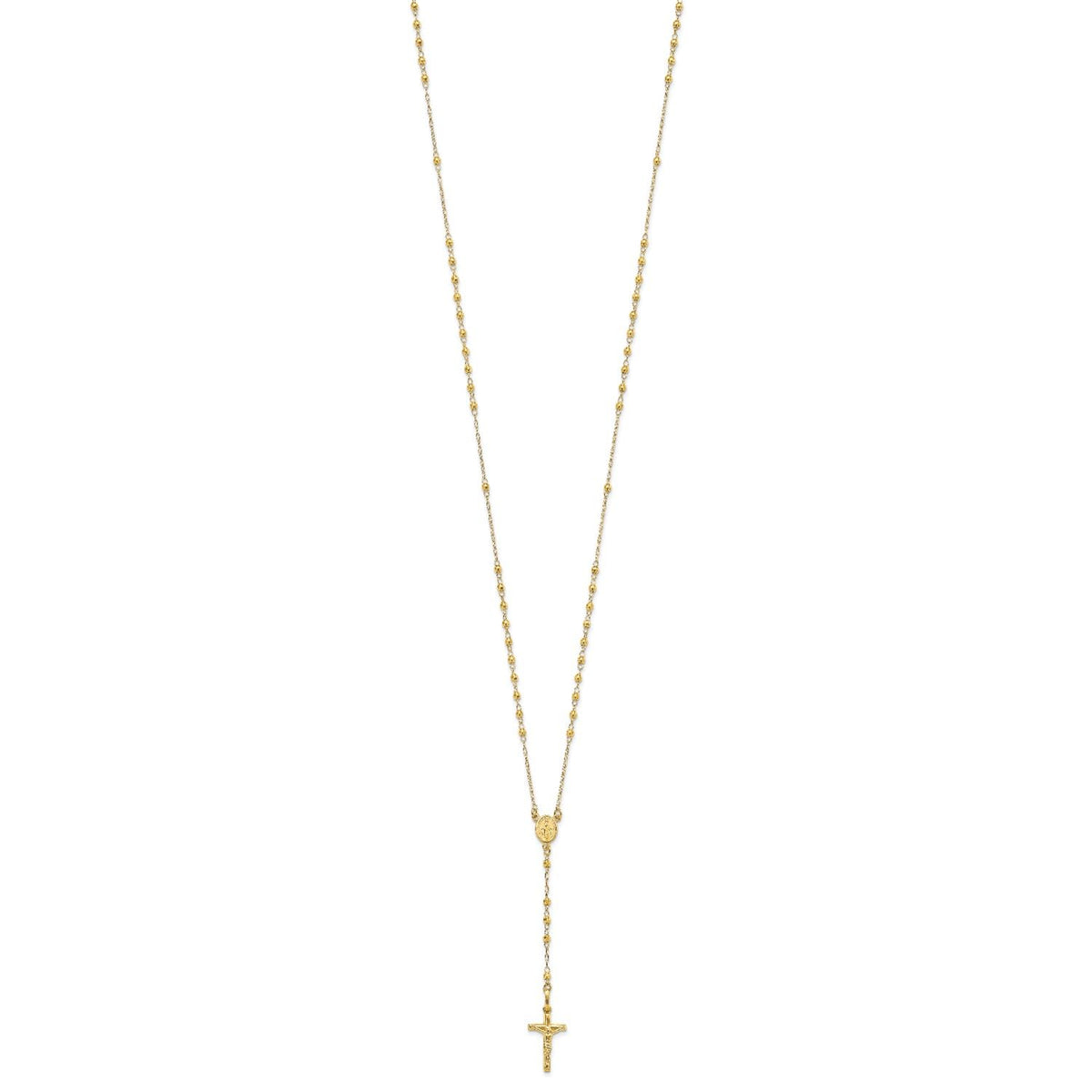 14K Yellow Gold Rosary Necklace, Faceted Beads Chain, Cross and Medallion, 24 Inch