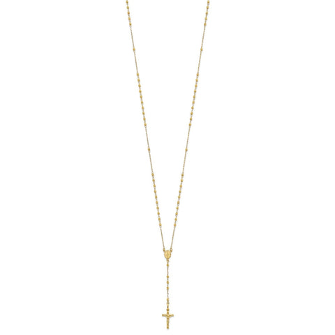 14K Yellow Gold Rosary Necklace, Faceted Beads Chain, Cross and Medallion, 24 Inch