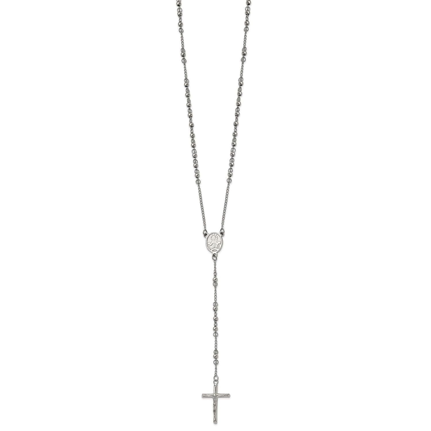 Jewelry Affairs Religious Rosary Necklace, Stainless Steel, 25 inch, 4mm Beaded Chain with Cross - JewelryAffairs