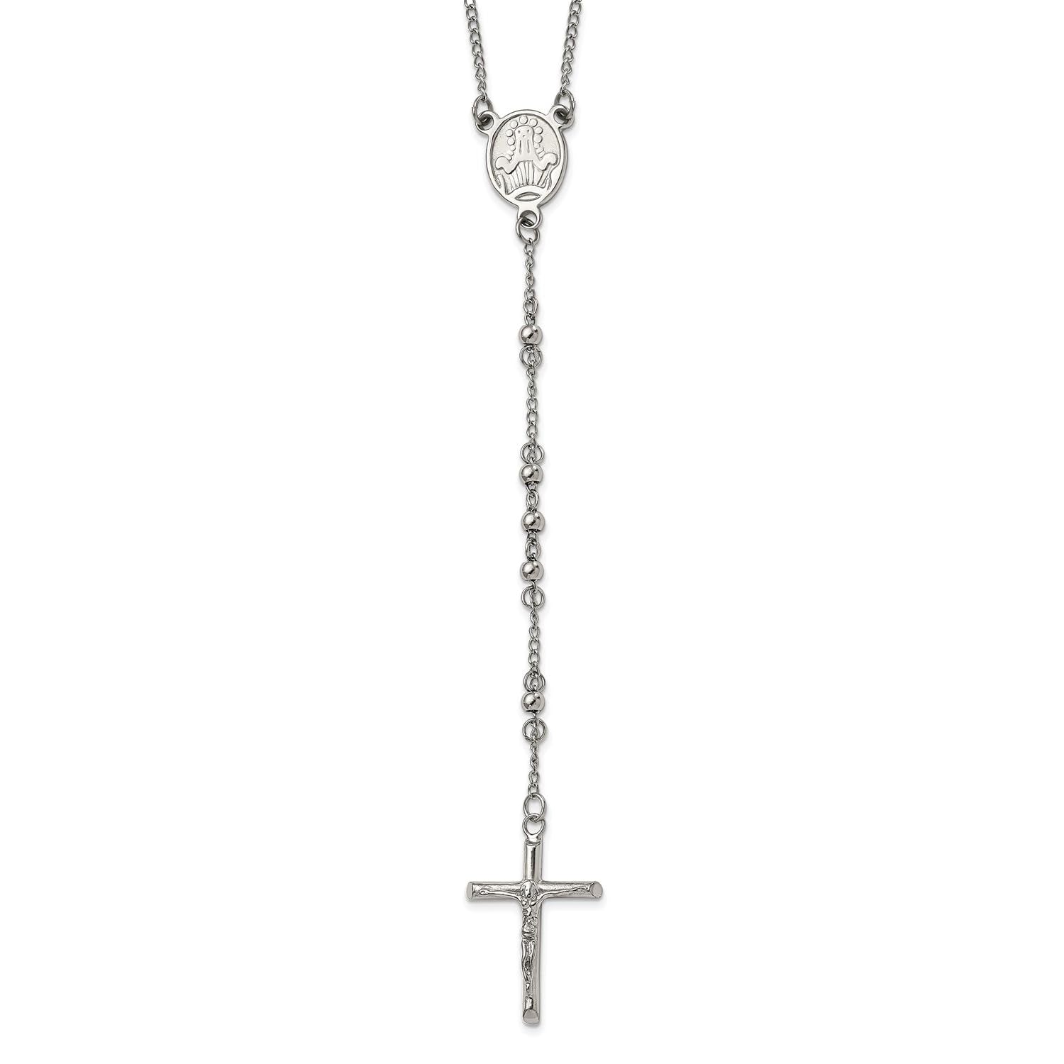 Jewelry Affairs Religious Rosary Necklace, Stainless Steel, 25 inch, 4mm Beaded Chain with Cross - JewelryAffairs