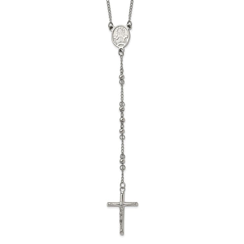 Religious Rosary Necklace, Stainless Steel, 25 inch, 4mm Beaded Chain with Cross