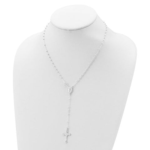 Sterling Silver Religious Rosary Necklace, 18 inch, Beaded Chain with Cross