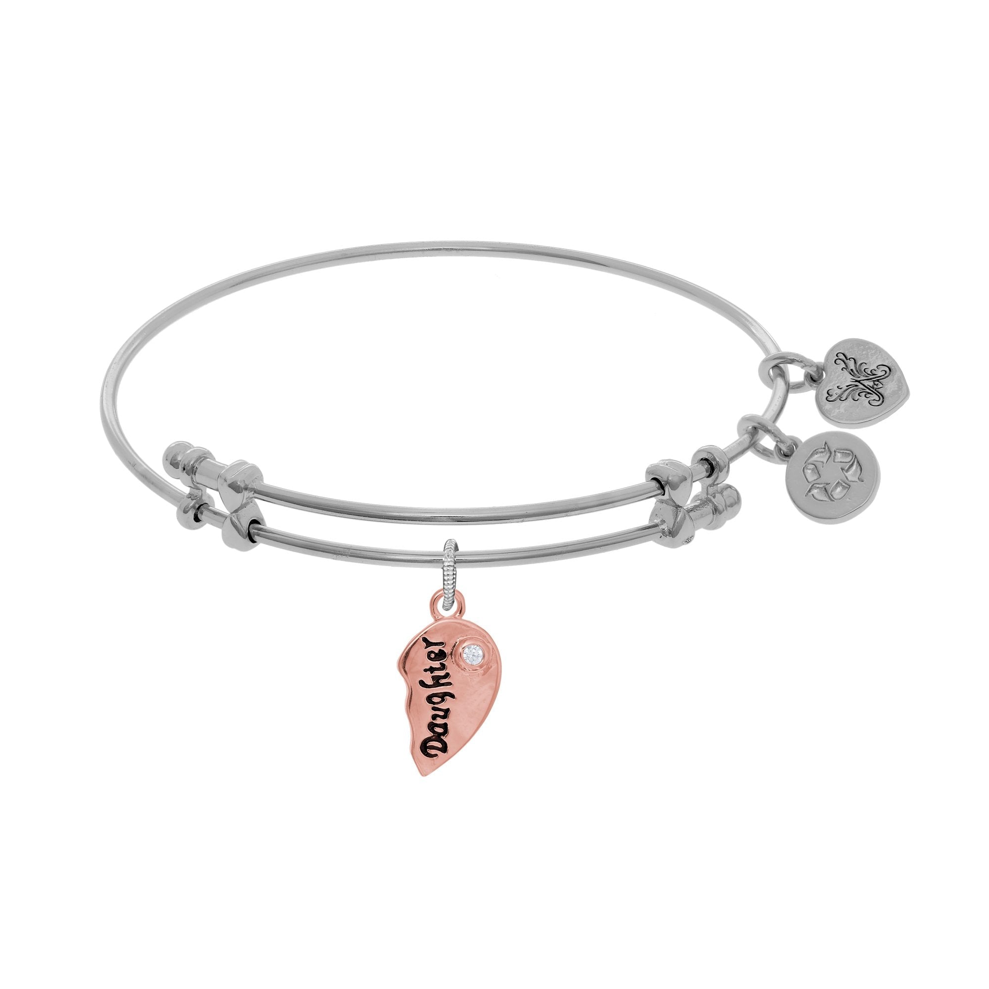 Mother and Daughter Matching Heart Charm Expandable Adjustable Bangle Bracelet, 7.25