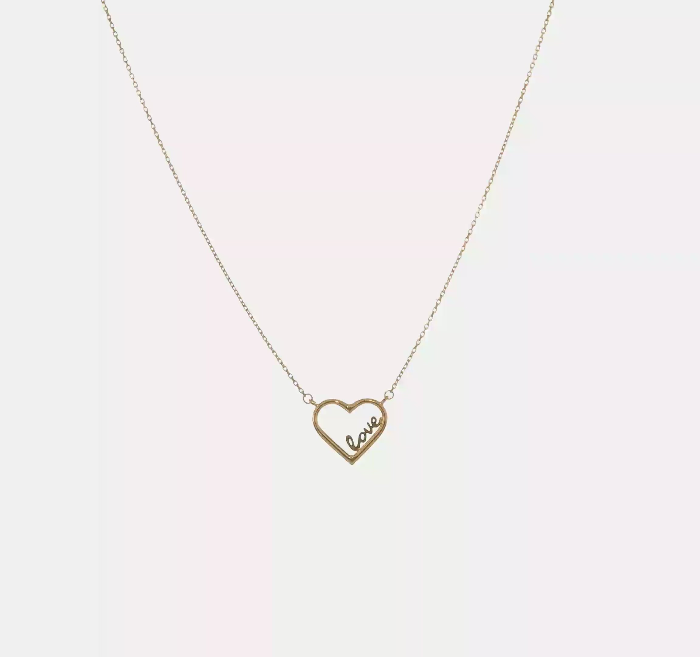 14K Yellow Gold Open Heart with LOVE Inside Adjustable 17 inch Necklace