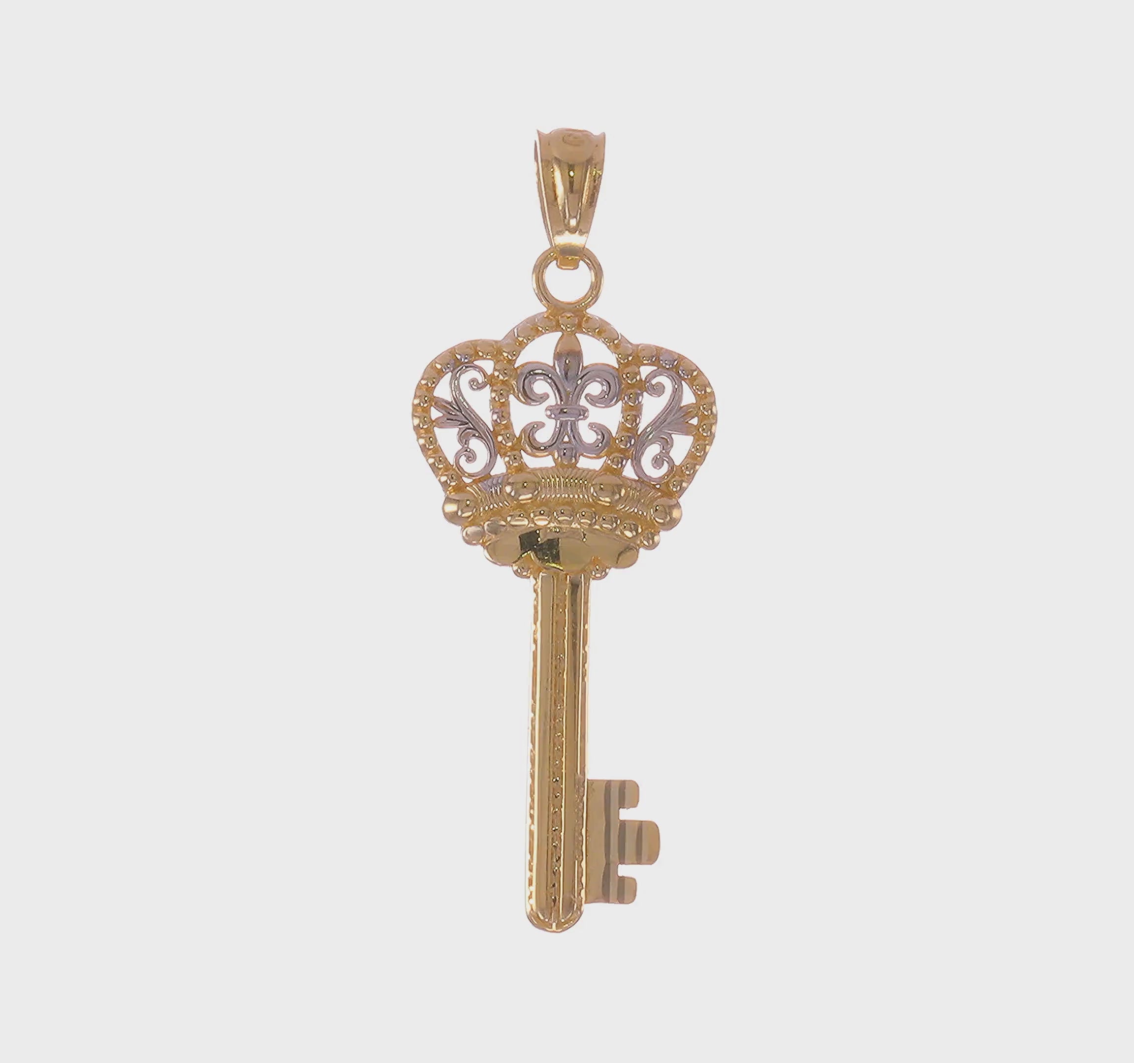 14K and White Gold Fleur De Lis Crown Key Pendant,31x12mm