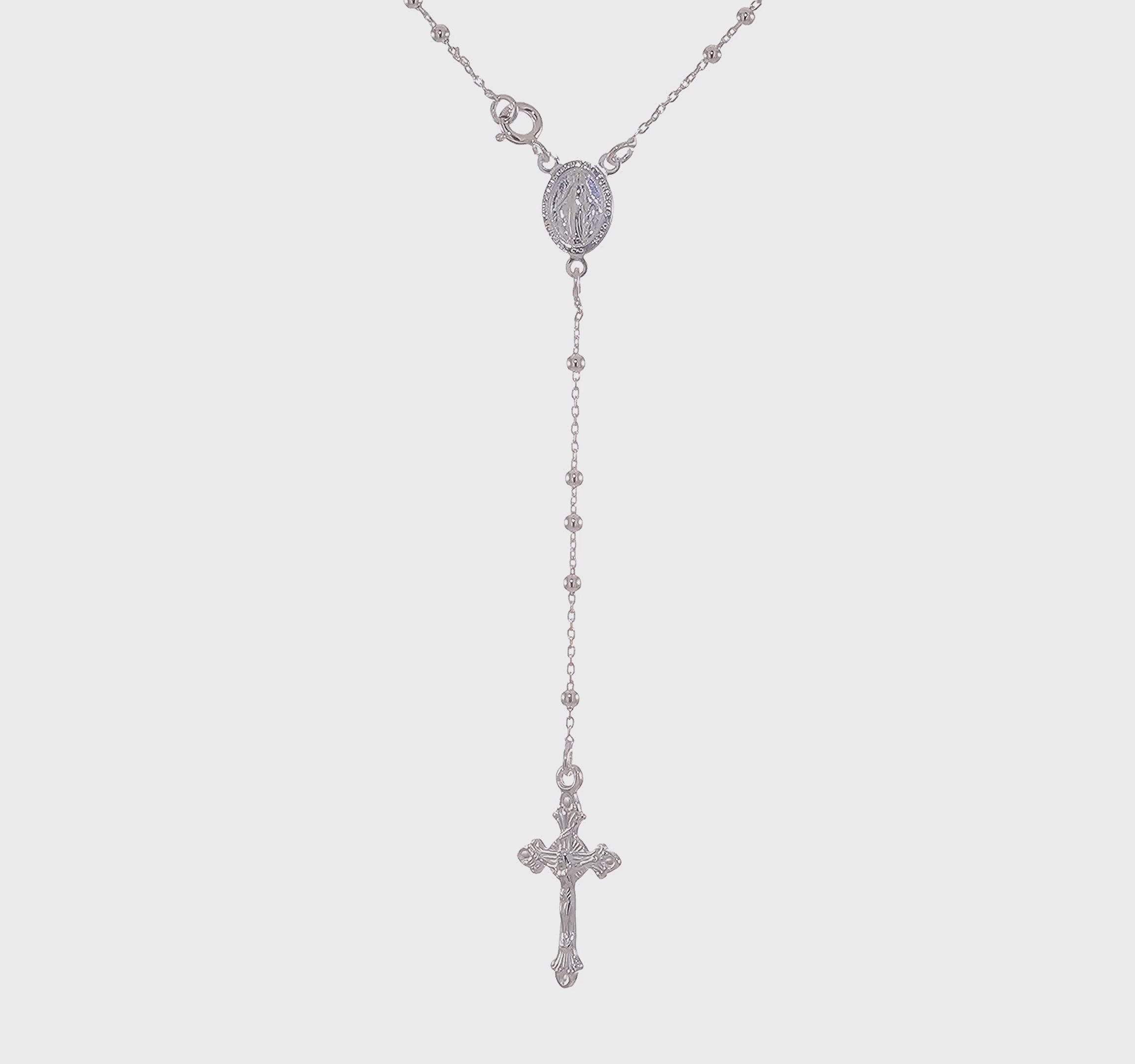Sterling Silver Religious Rosary Necklace, 18 inch, Beaded Chain with Cross