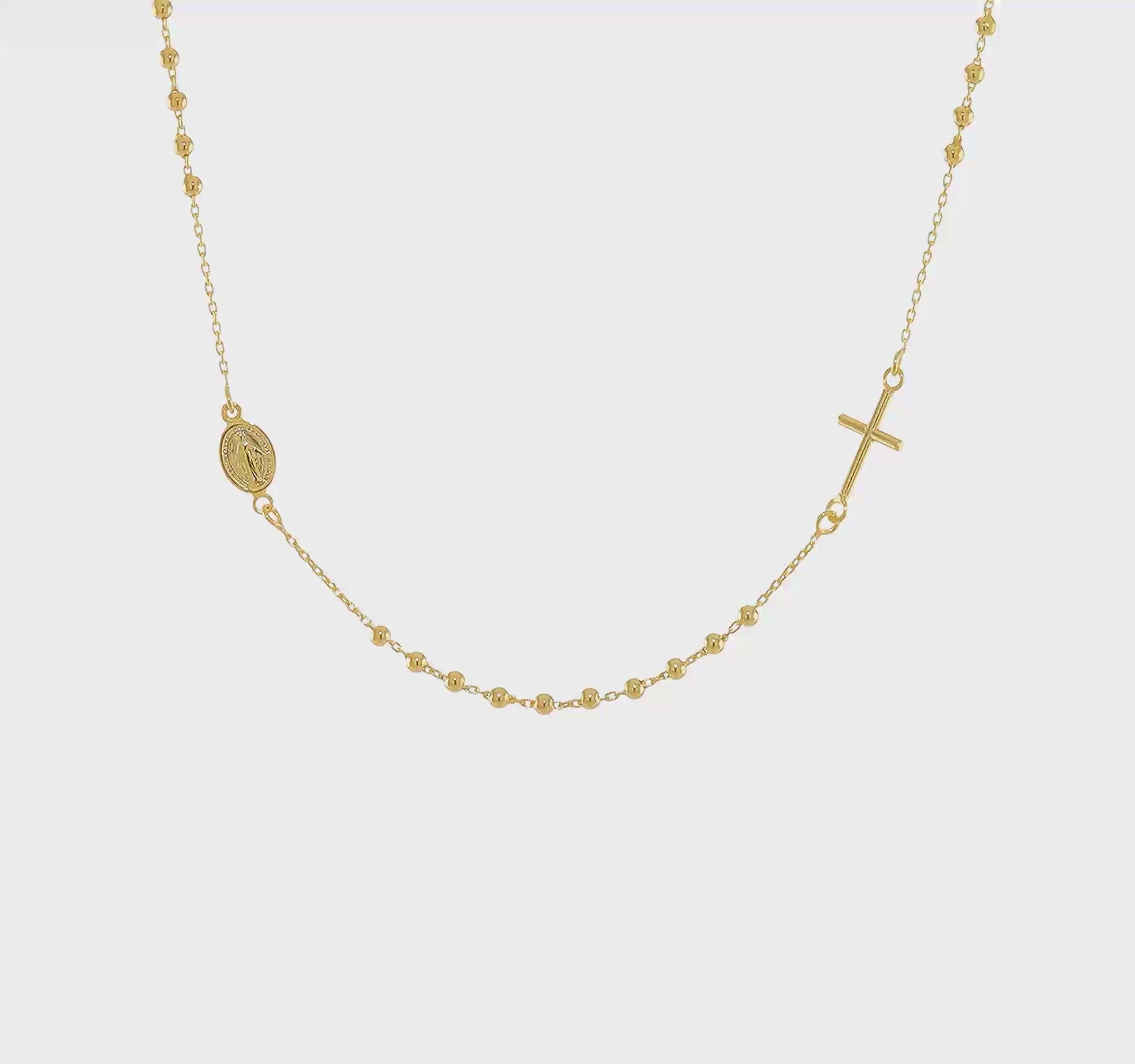 14K Yellow Gold Religious Rosary Necklace with Cross and Medallion, 16 inches
