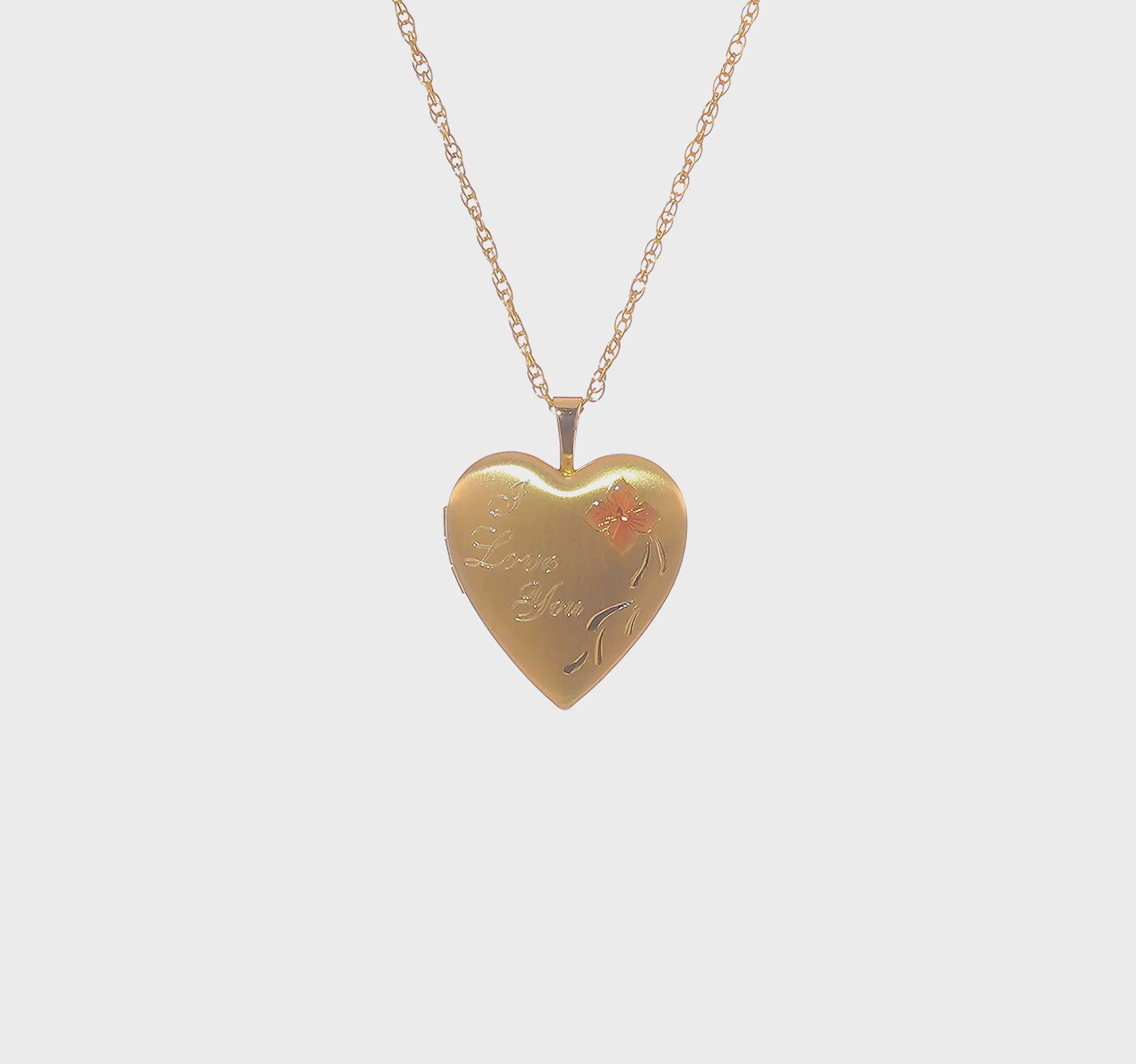 14k Yellow Gold Filled Heart Locket Necklace with I Love You Engraving, 20mm, Red Flower, 18 Inches