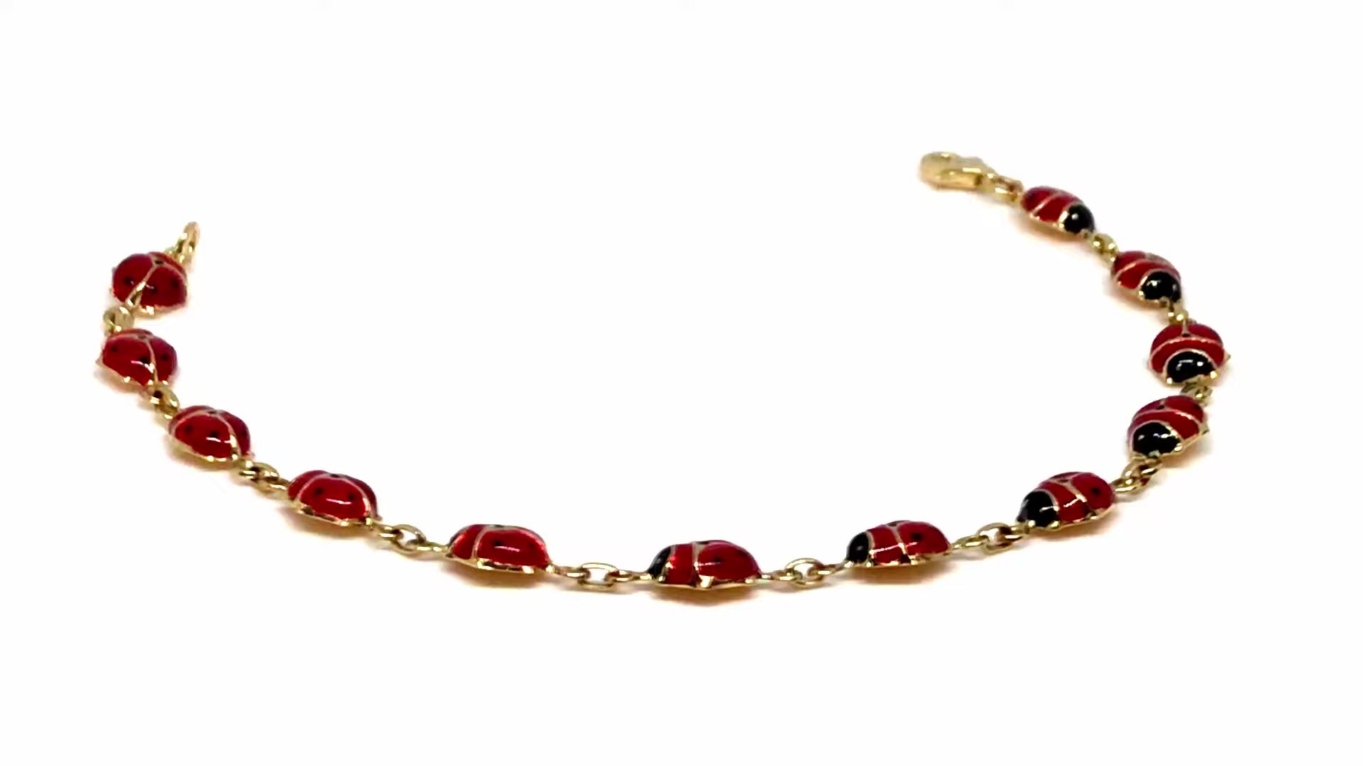 14k Yellow Gold Enamel Ladybug Fancy Bracelet, 7"