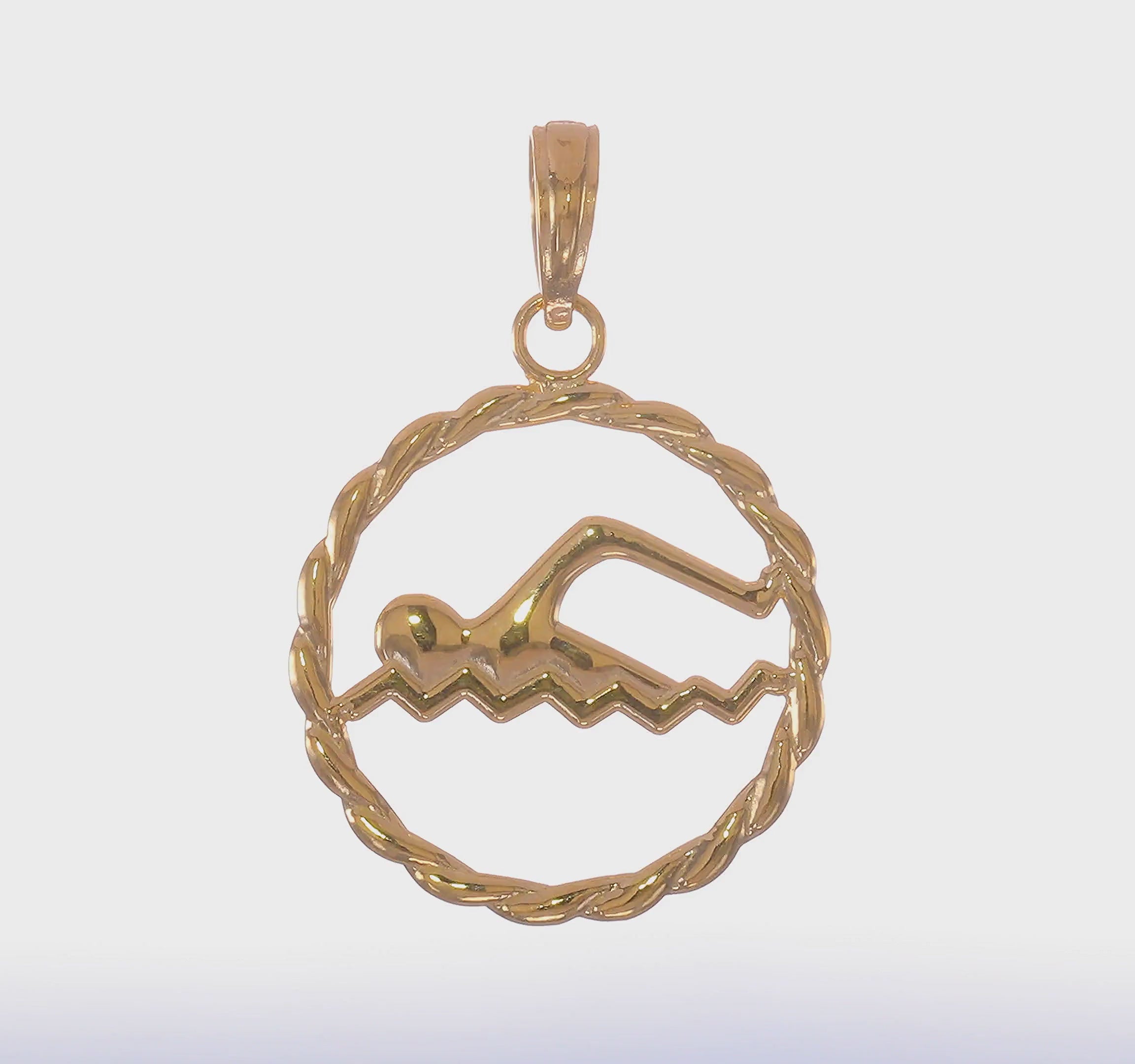 14k Yellow Gold Swimming Pendant, 16mm Diameter