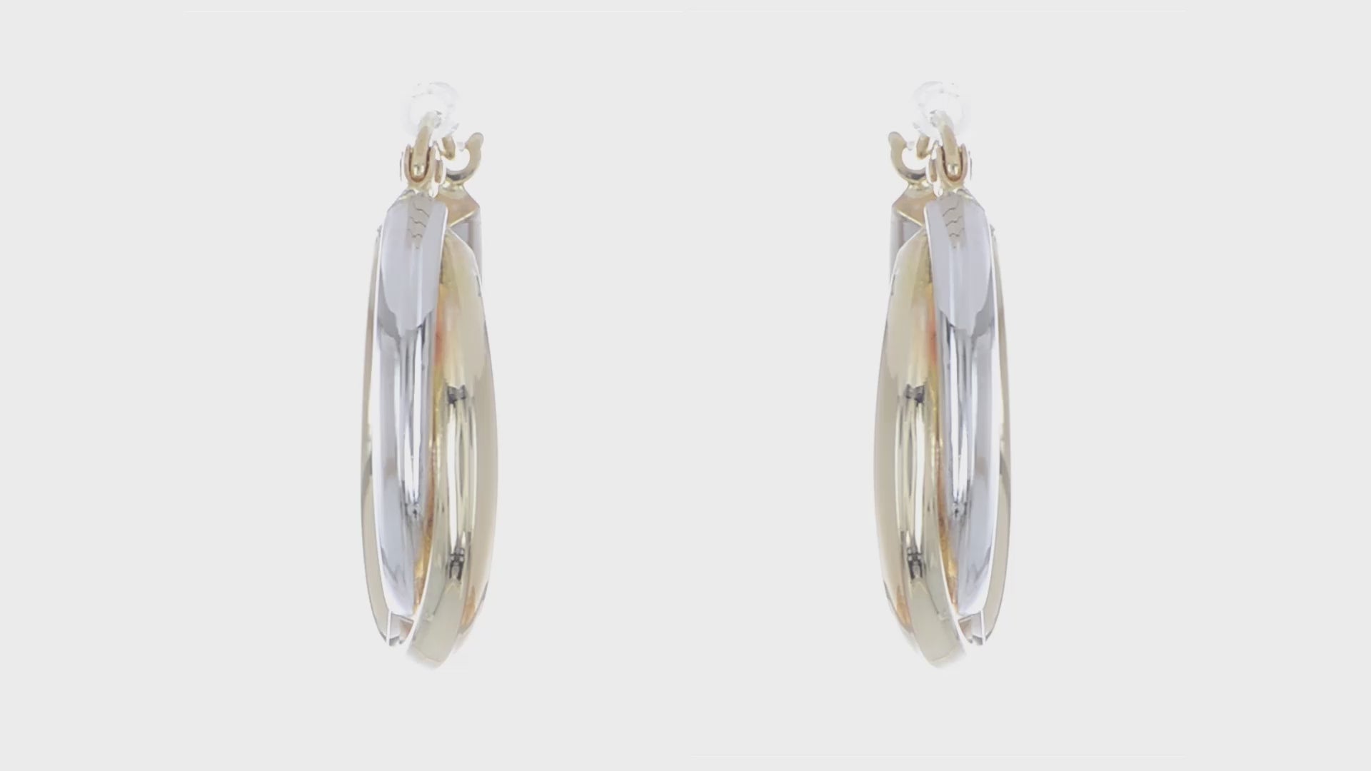 14K Yellow And White Gold Oval Shape Two Tone Double Row Hoop Earrings