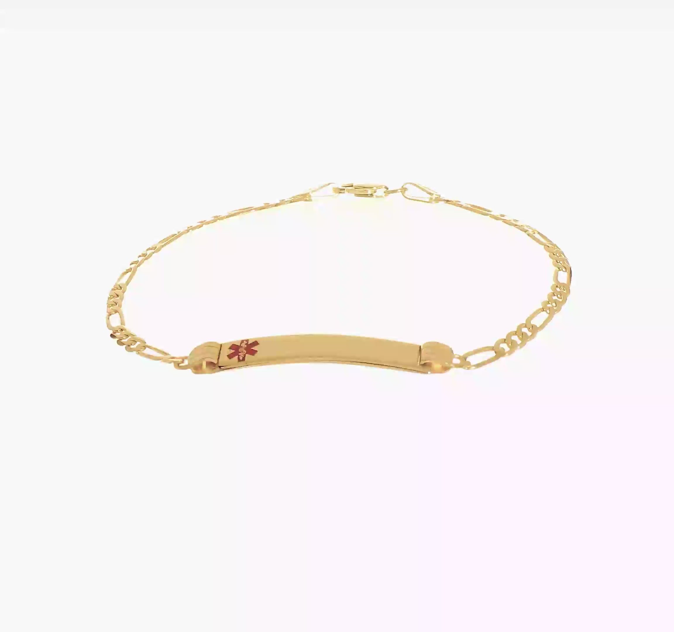14K Yellow Gold Medical Red Enamel Figaro ID Bracelet