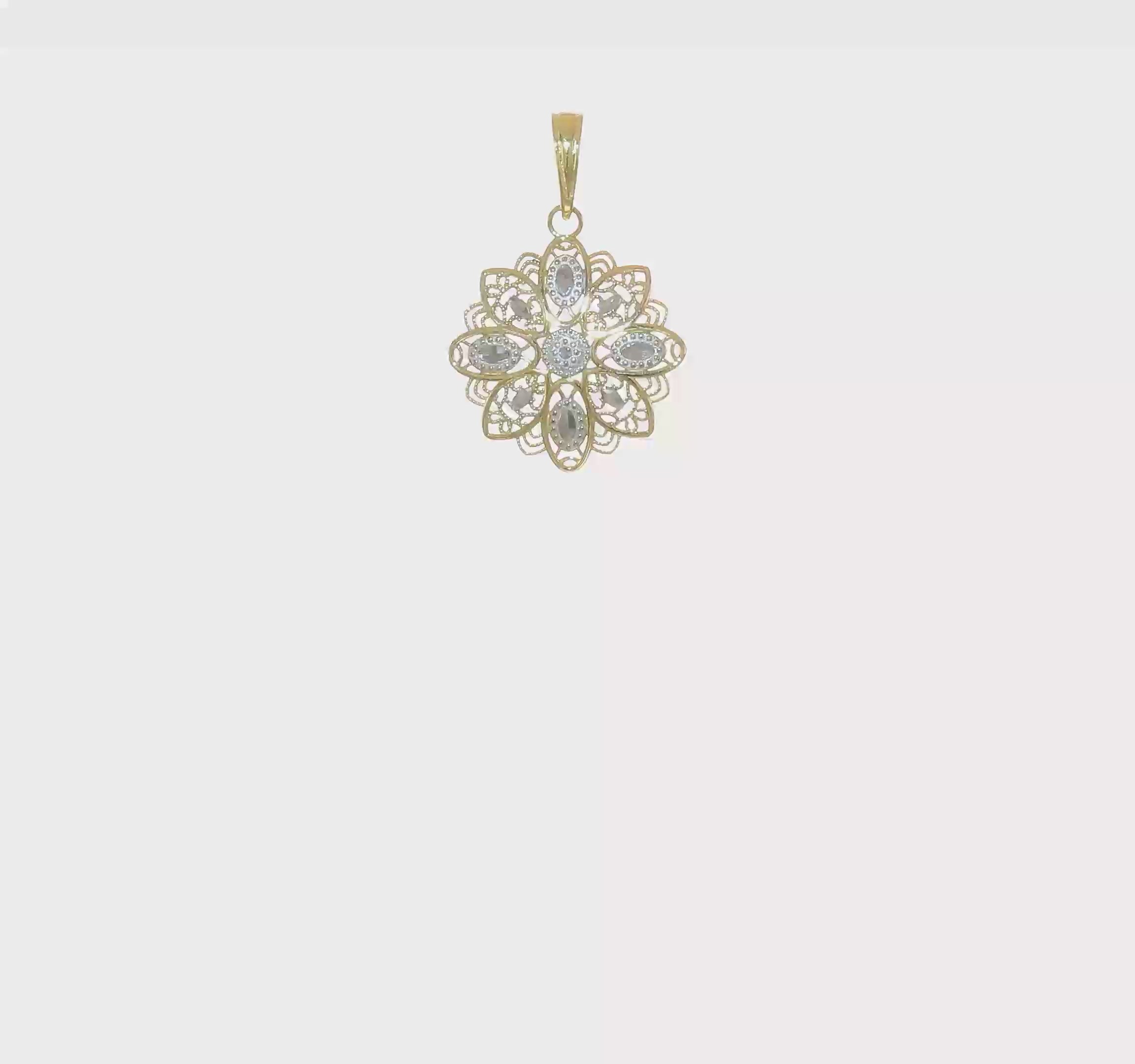 10K Yellow Gold and Rhodium Filigree Flower Pendant Charm, 16mm, Two-Tone