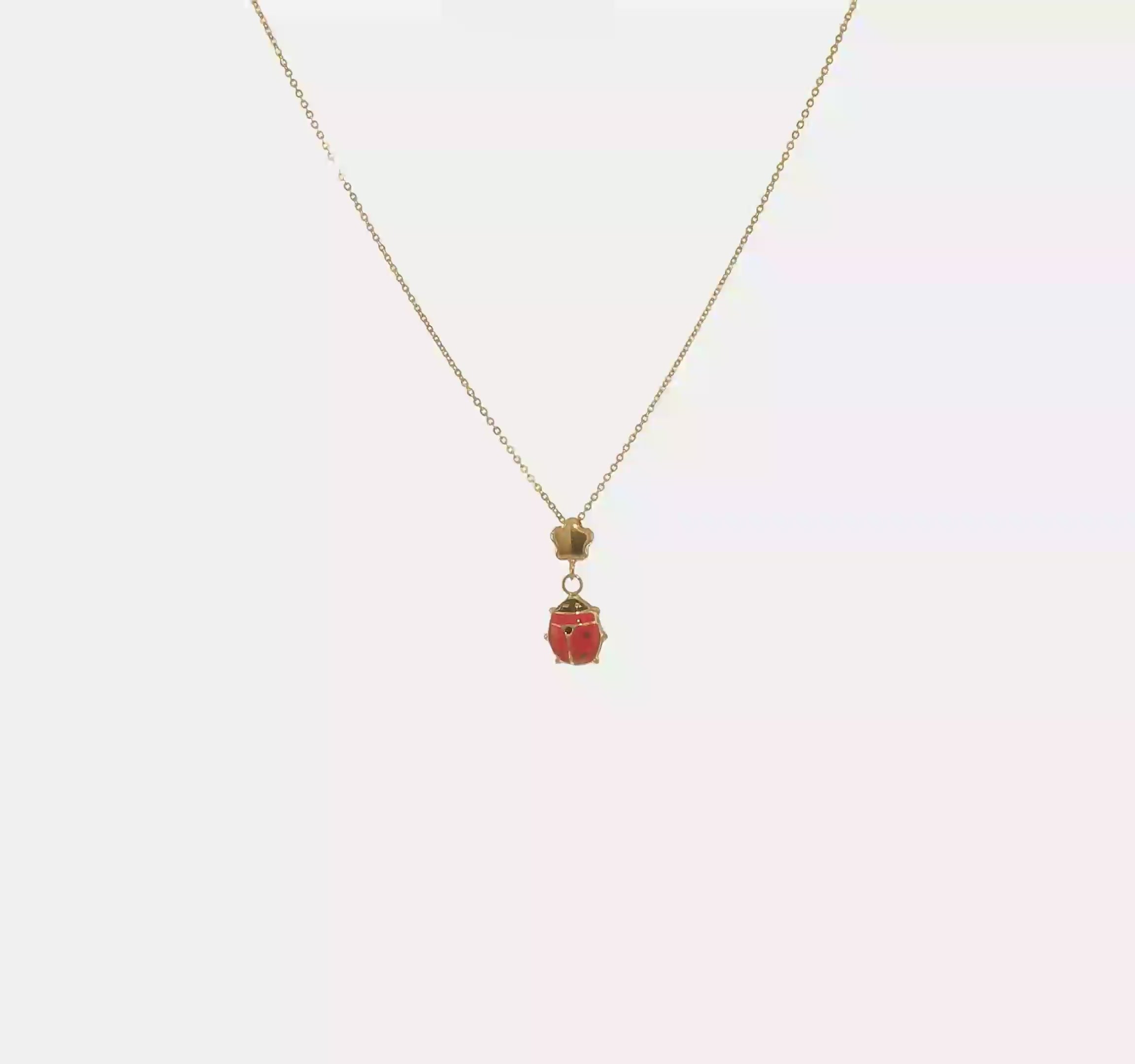 14k Yellow Gold Red and Black Enameled Ladybug with Flower Bead Necklace, 16.5"