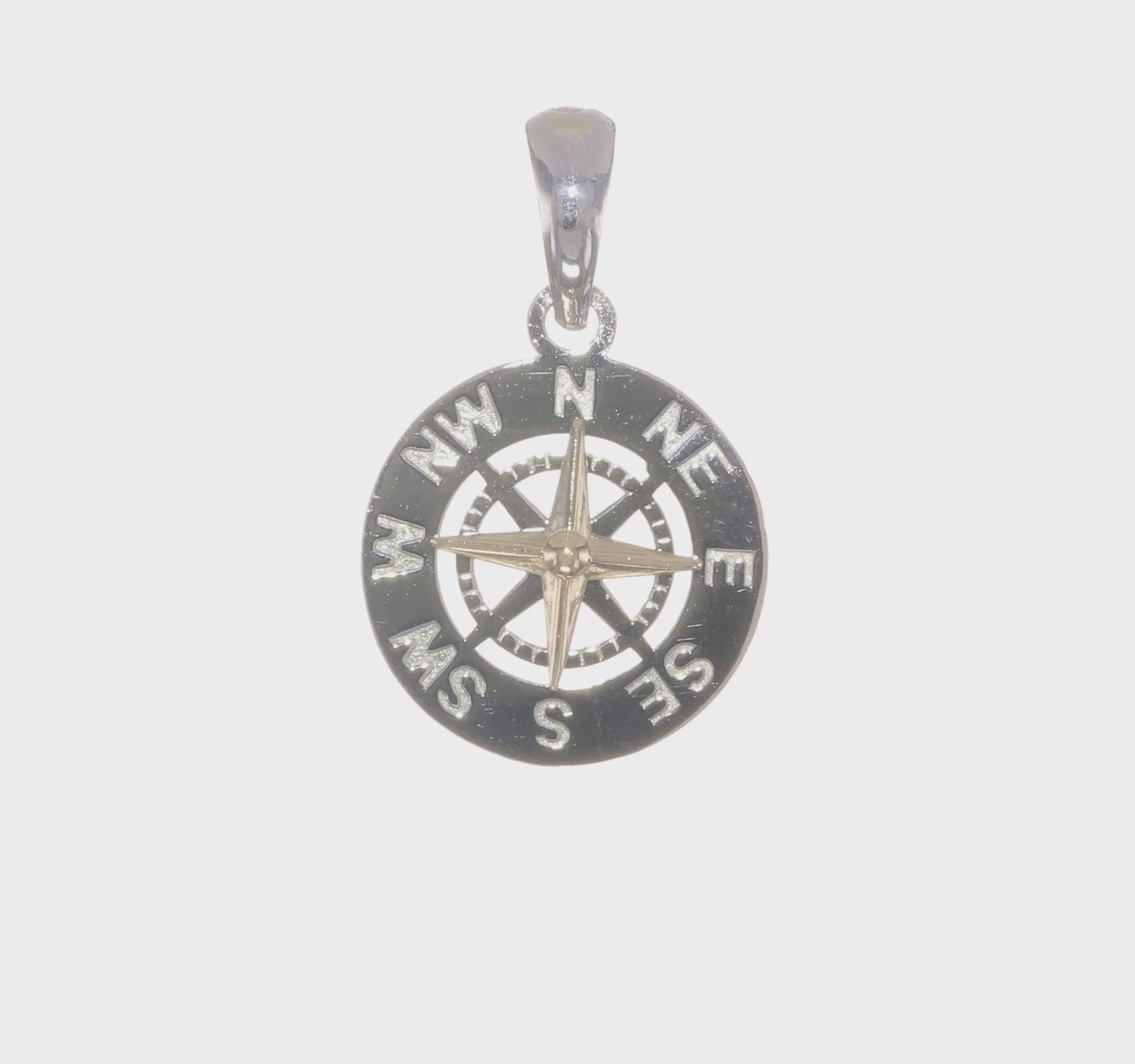 Sterling Silver Rhodium-Plated Polished Mini Compass with 14k Needle Pendant
