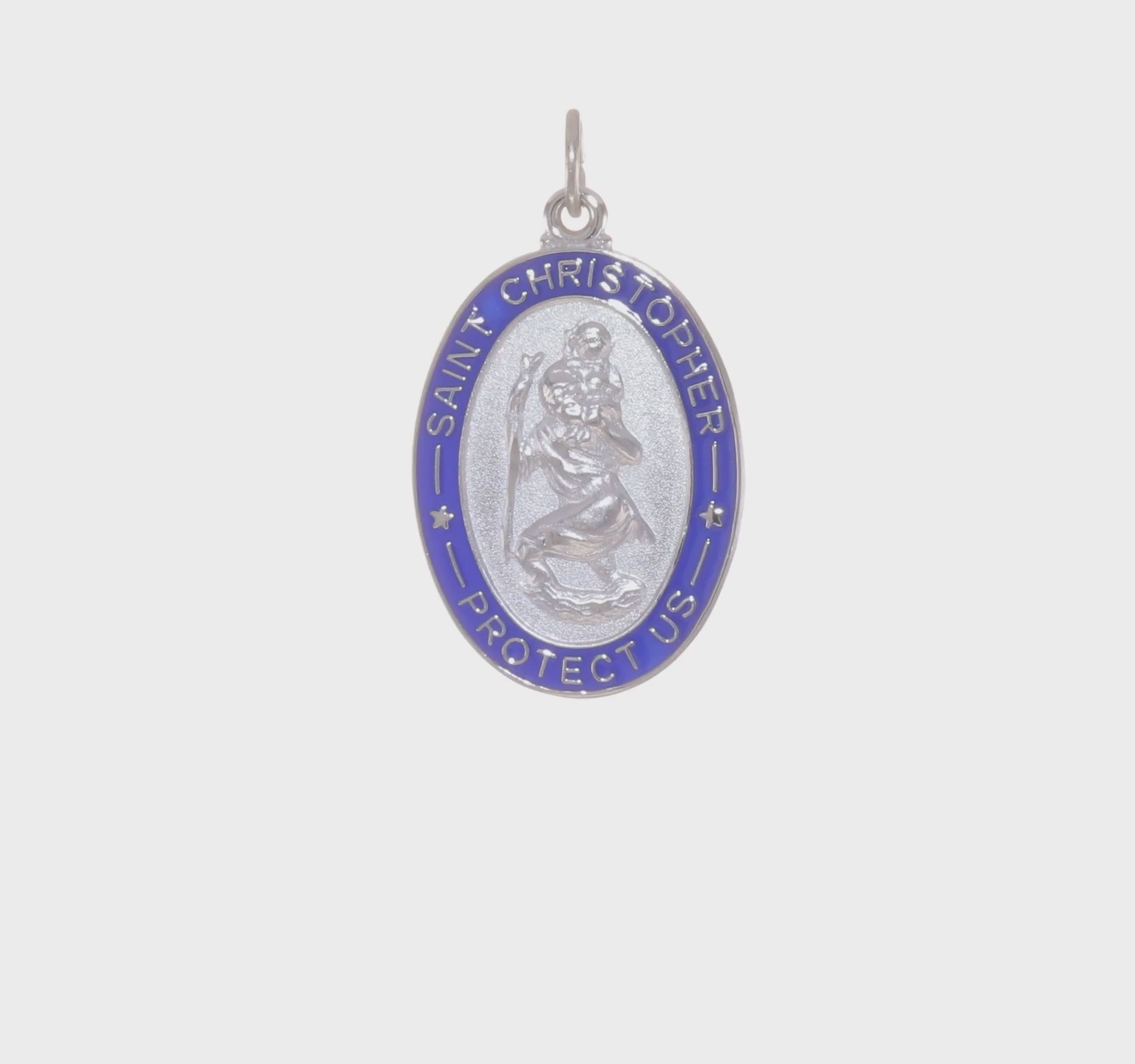 Sterling Silver Rhodium-plated Blue Enamel St. Christopher Medal Pendant, 35x20mm