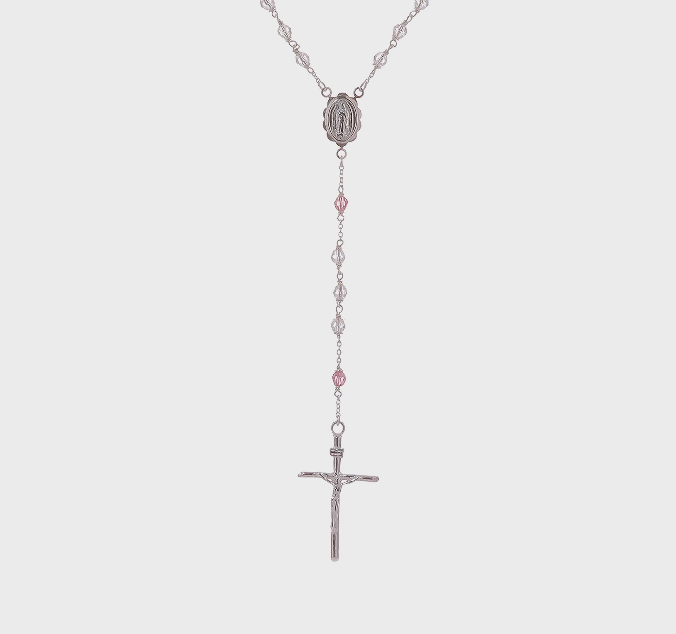 Sterling Silver Polished Crystal Rose Quartz Rosary Cross Necklace, 21.5 Inch
