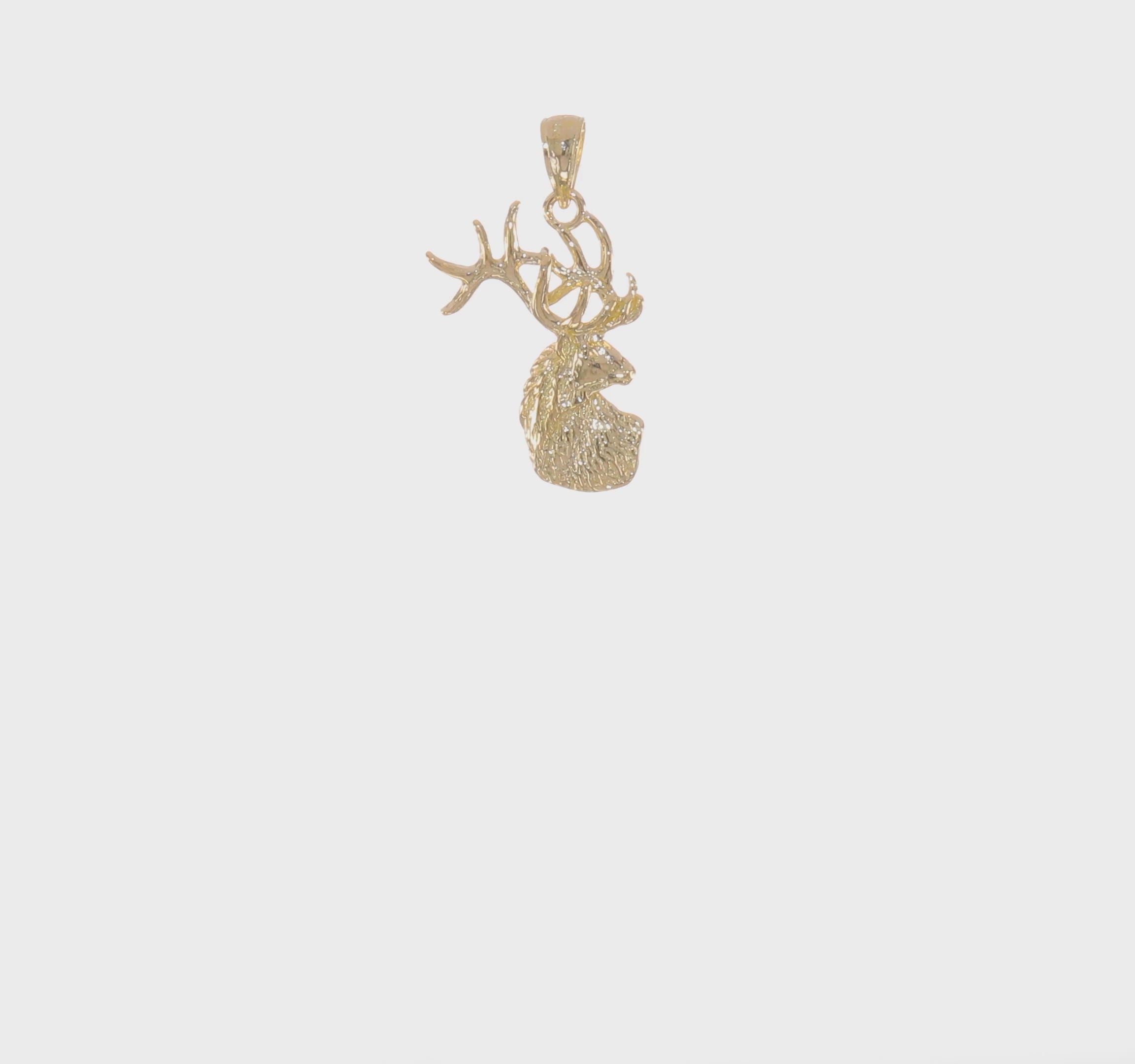 10K Yellow Gold Deer Head Pendant Charm, Antler Design, 29mm x 15mm