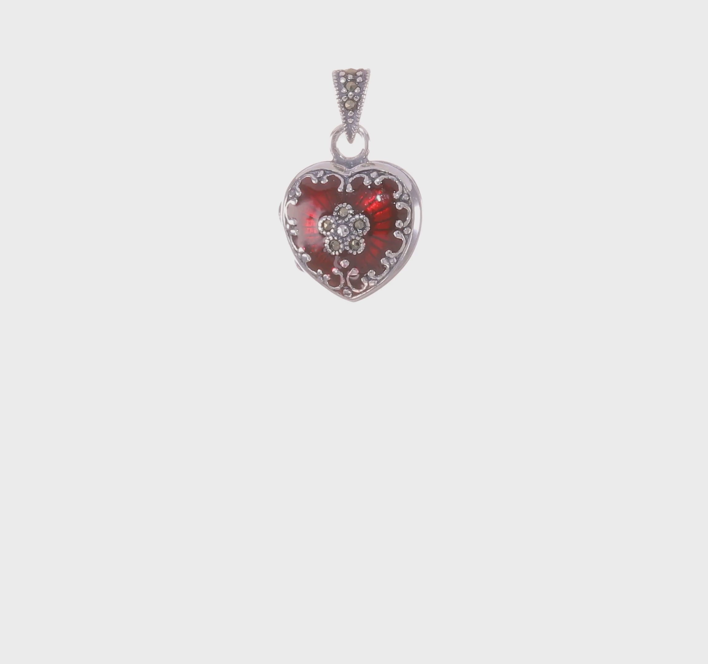 Sterling Silver Heart Locket Pendant with Red Enamel and Marcasite, 25x17mm