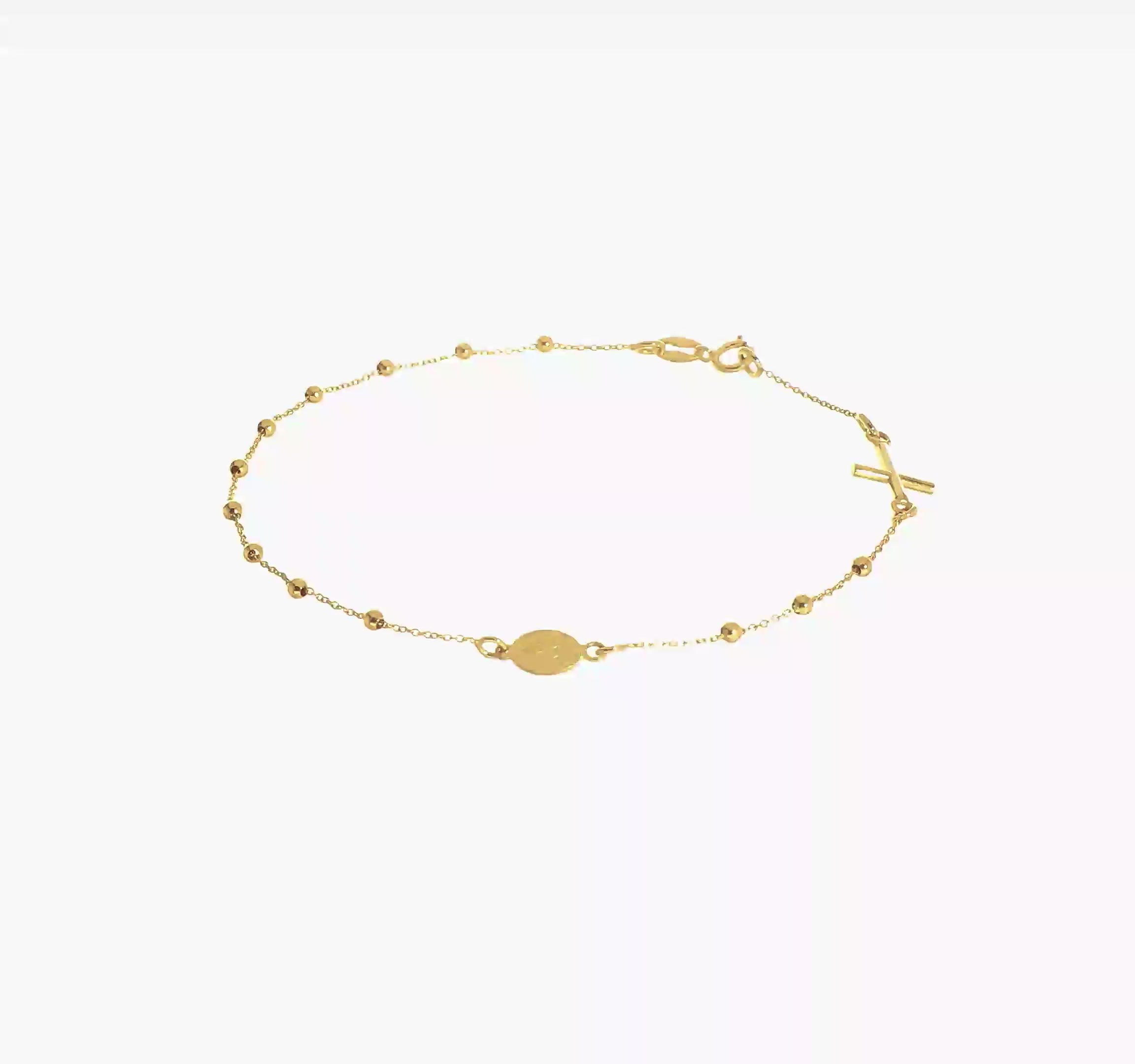 14K Yellow Gold Religious Cross and Rosary Beaded Bracelet, 7.5 inches