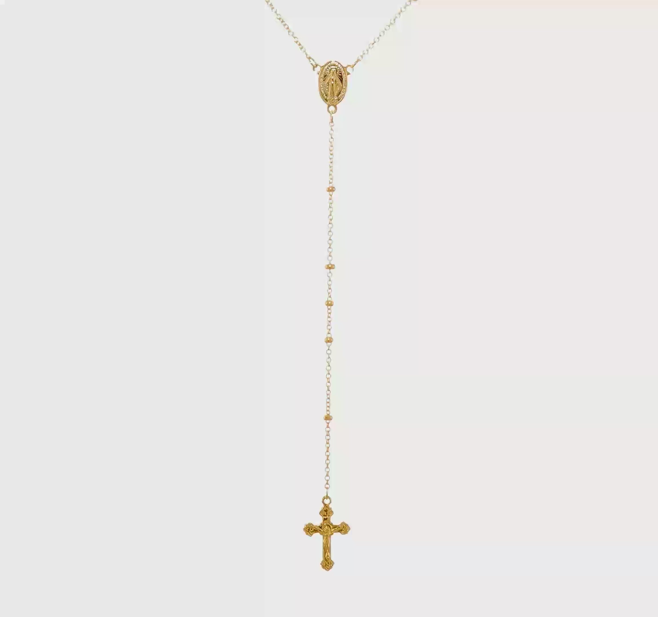 14K Yellow Gold Religious Rosary Y-Necklace with Cross and Beaded Chain, 19.5 Inches
