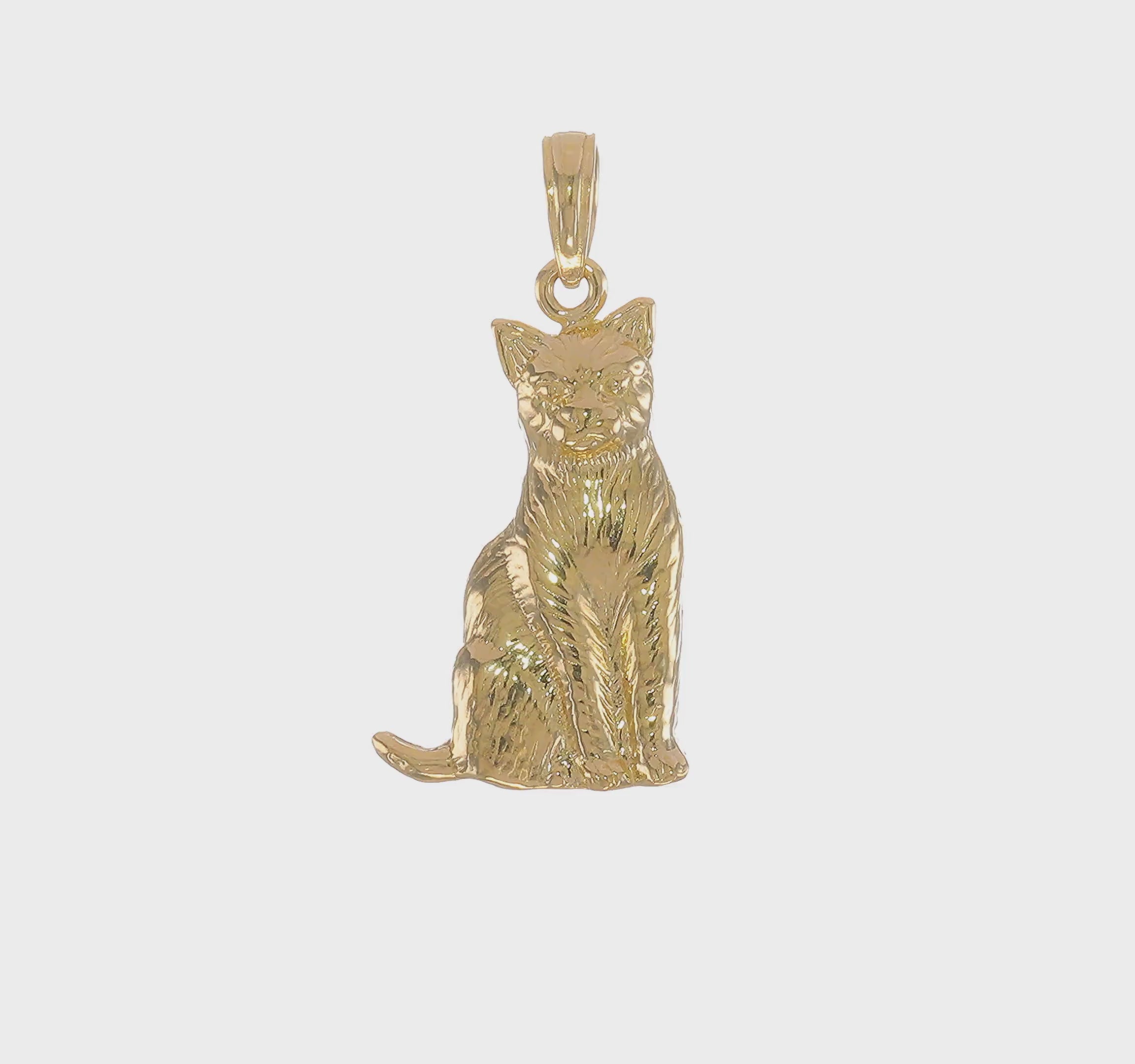 14K Real Solid Yellow Gold Sitting Cat Pendant, 25x13mm
