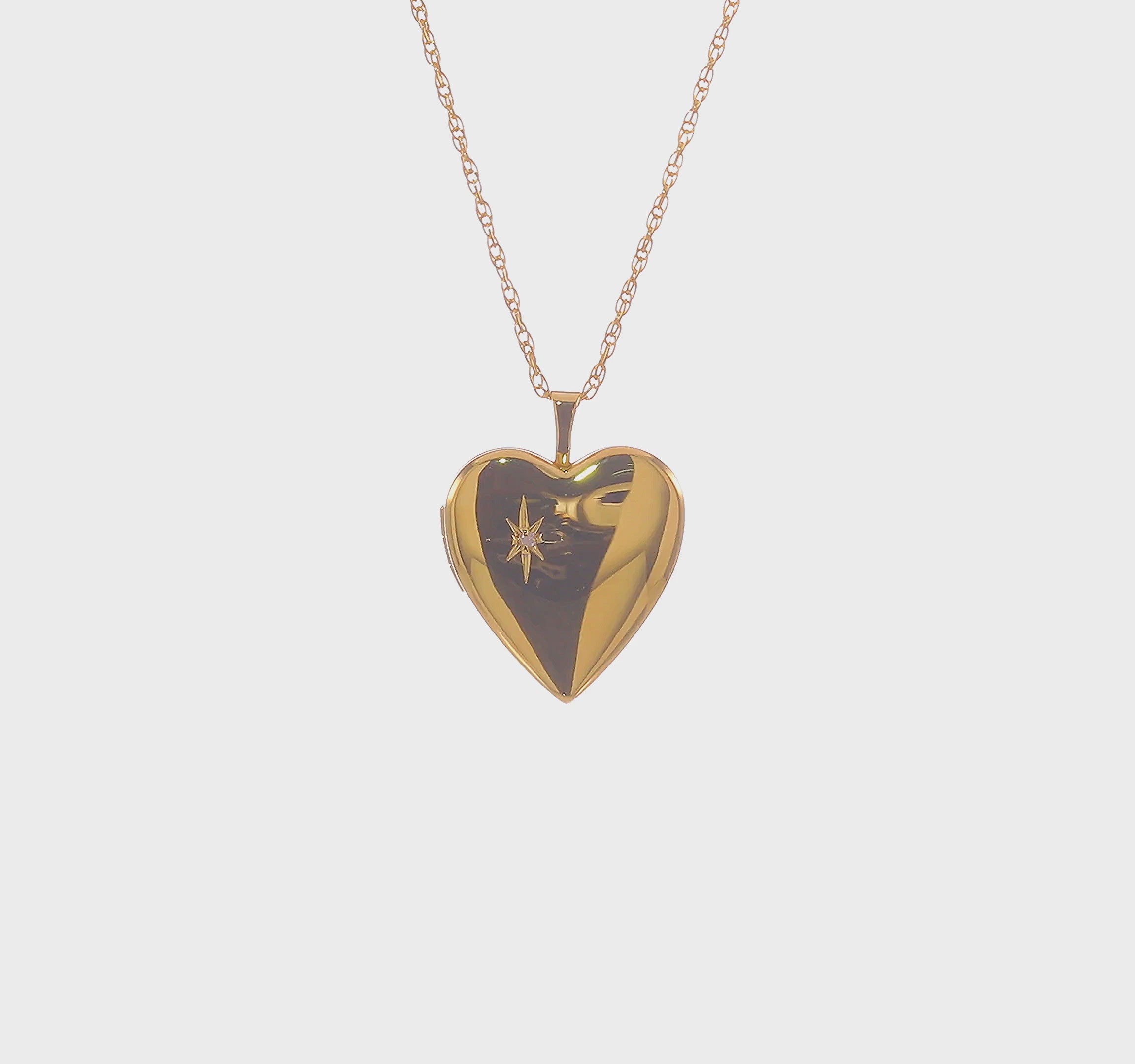 14K Yellow Gold Filled 20mm Star Diamond Heart Photo Locket Necklace, 18"