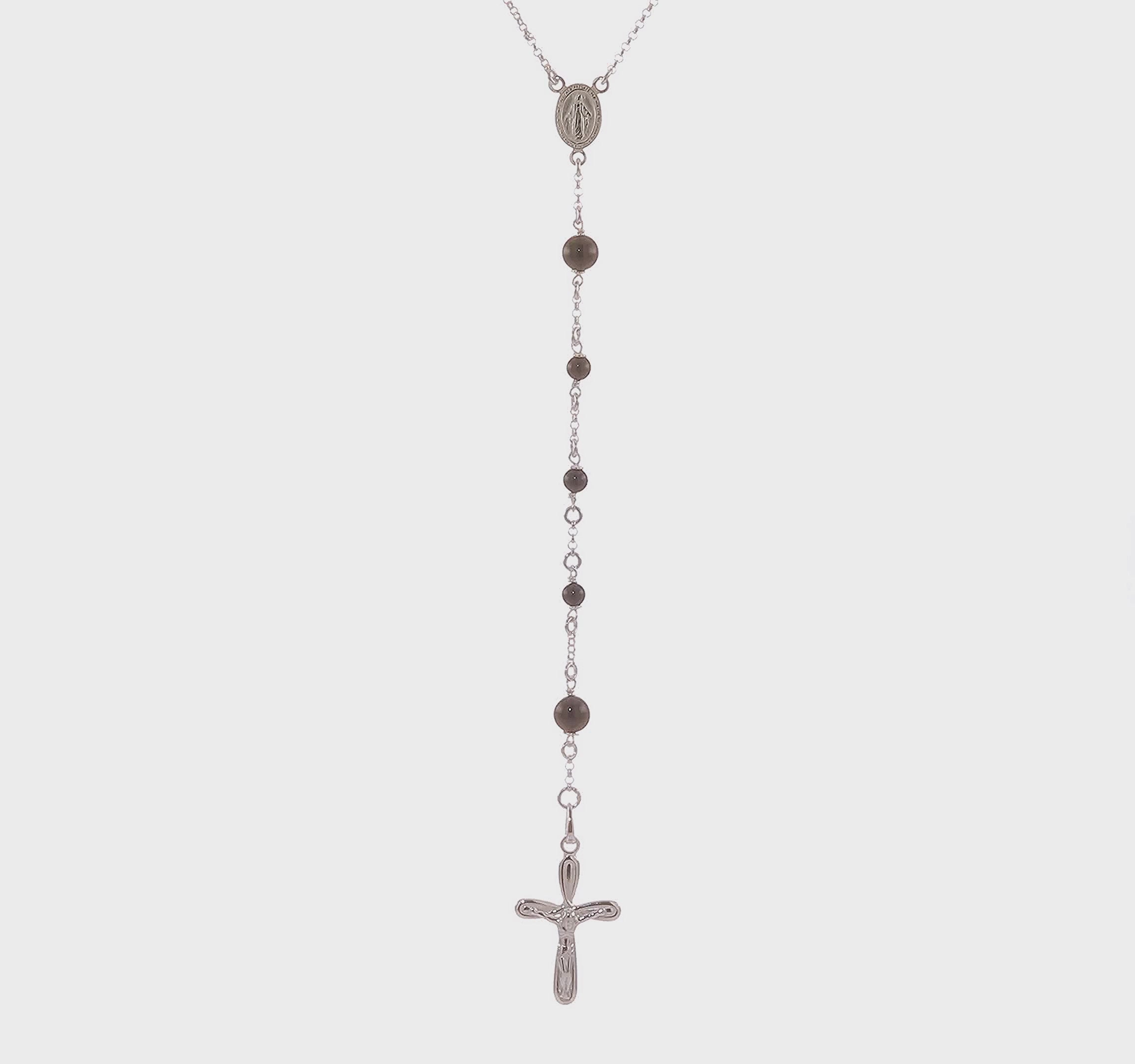 Sterling Silver High Polished Black Onyx Rosary Necklace, 33 Inch