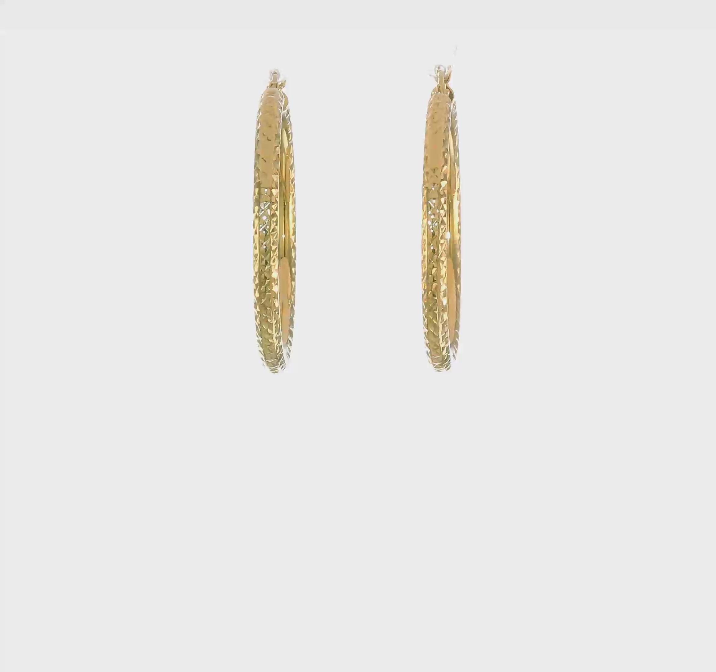 14K Yellow Gold Diamond Cut Round Hoop Earrings, Diameter 3x35mm