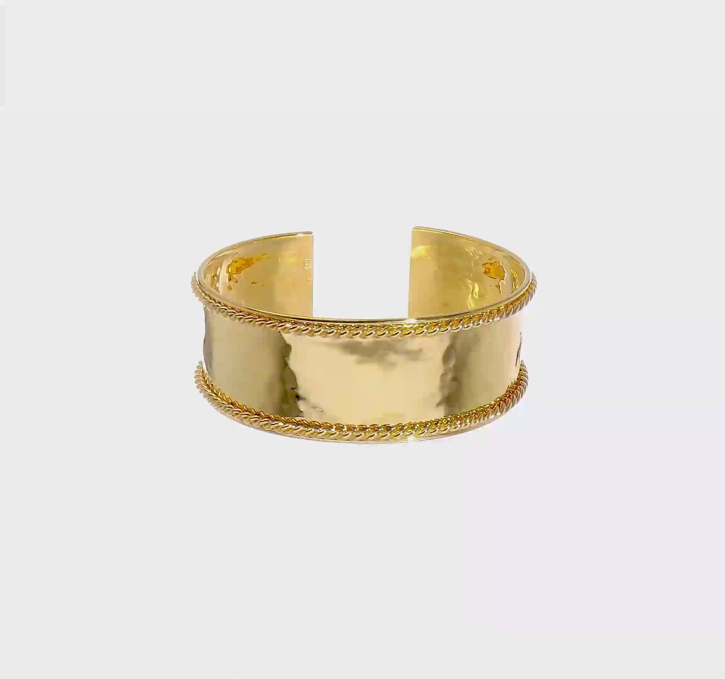 14K Solid Yellow Gold Hammered Rope Edge 22mm Width Cuff Bangle