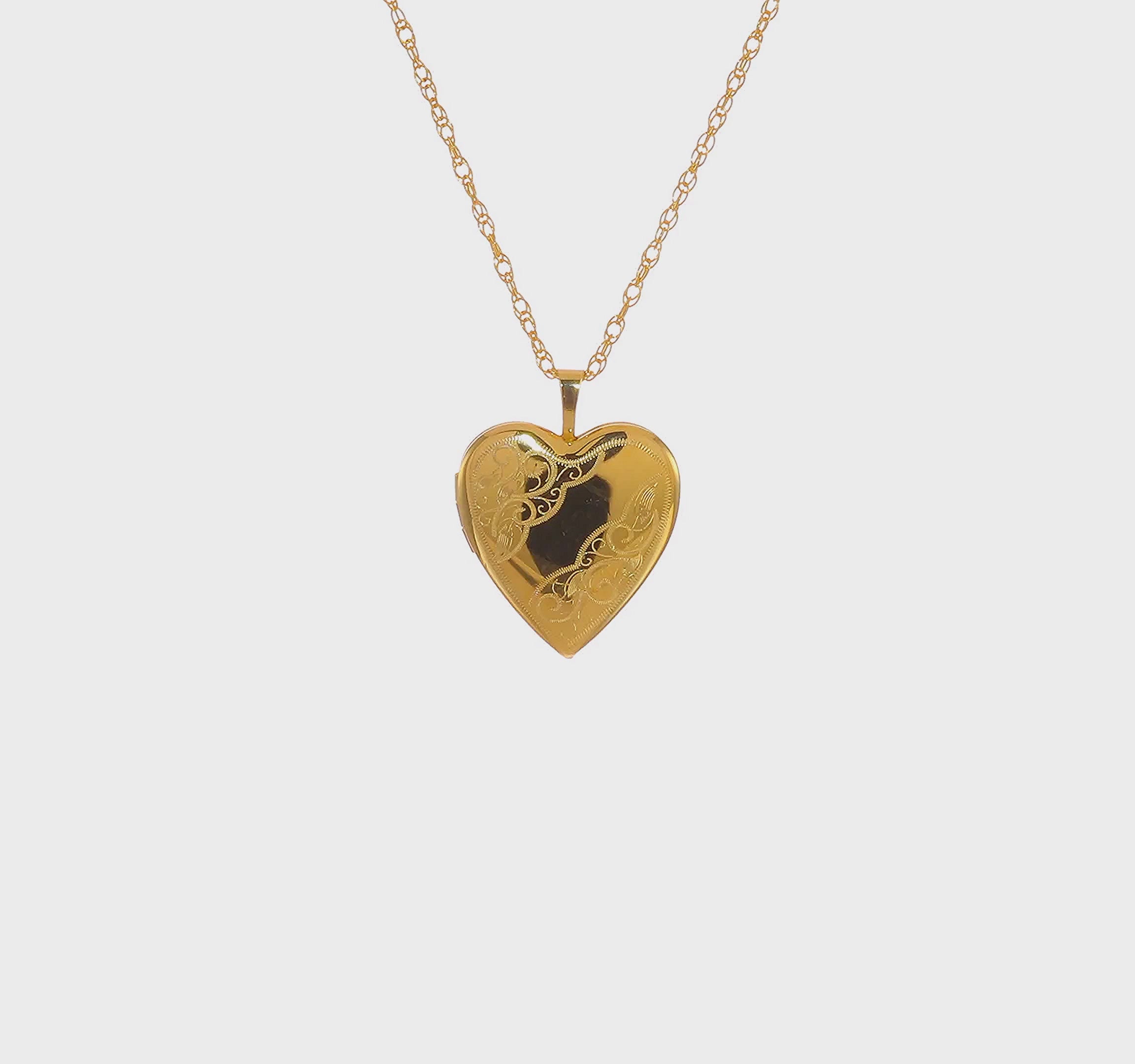 14k Yellow Gold Filled Engraved Heart Locket Chain Necklace, 18 Inch