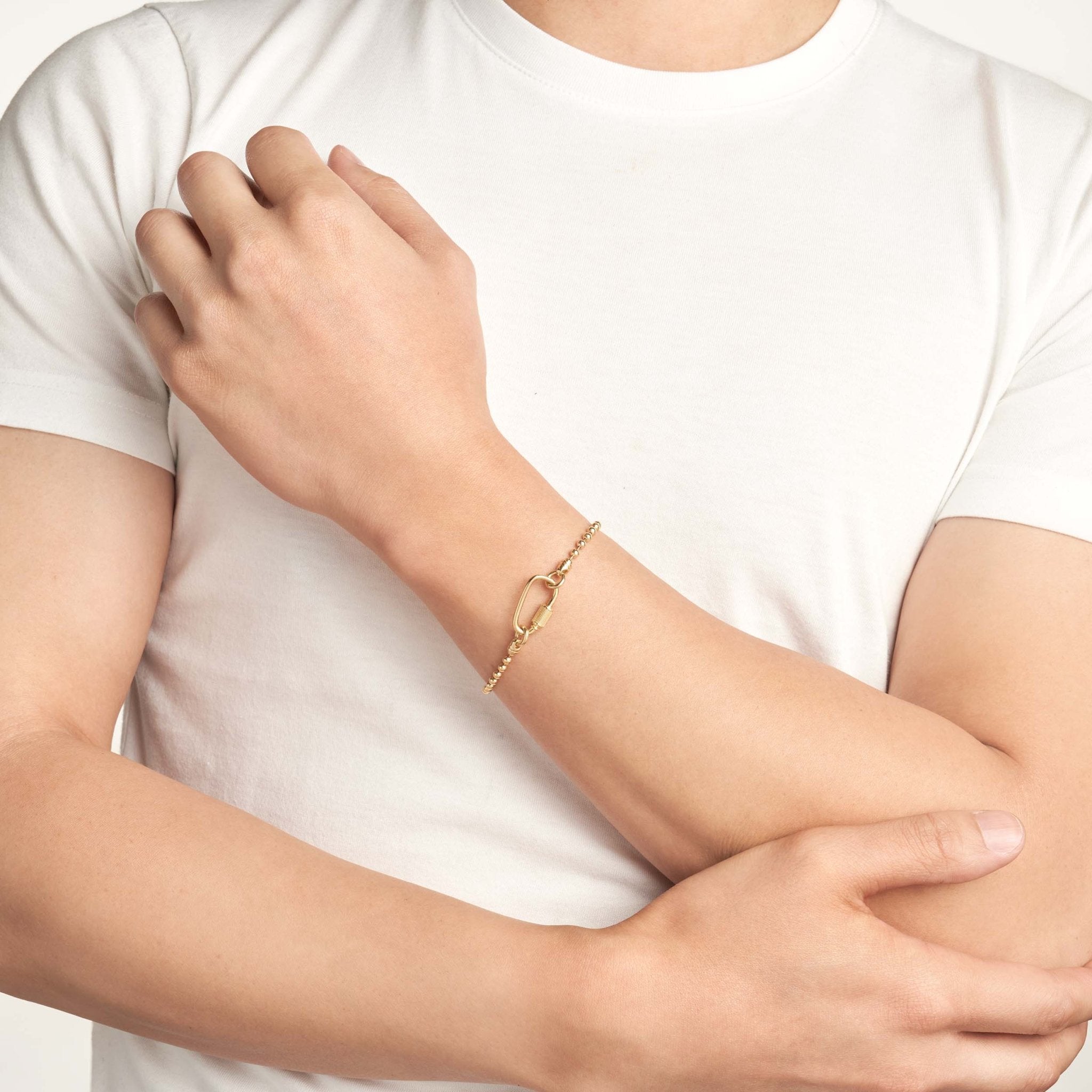 Real 14k Yellow Gold Unisex Oval Twist Barrel Lock Bead Bracelet, 8.5 Inch - JewelryAffairs