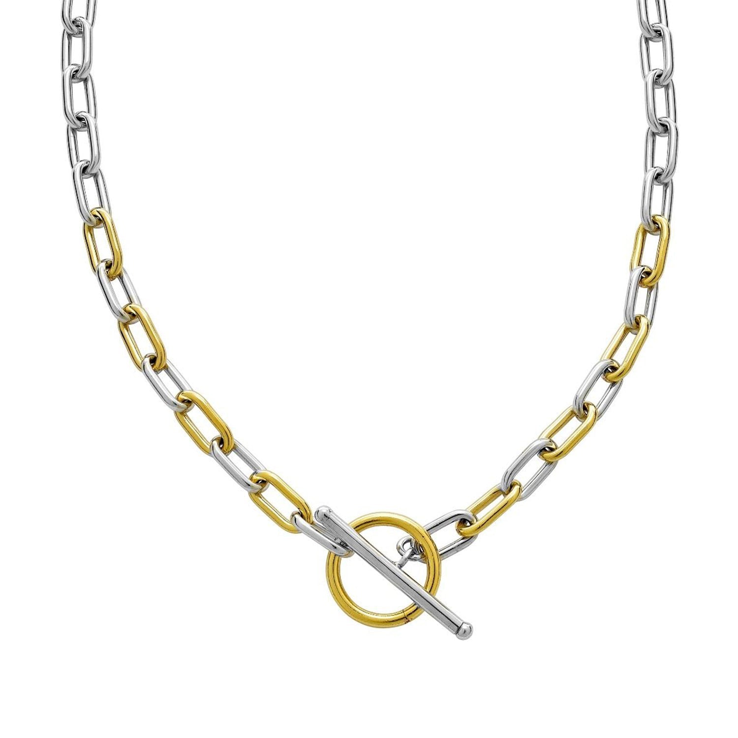 Silver & 18K Yellow Gold Oval Link T-Bar Link Necklace 18 Inch