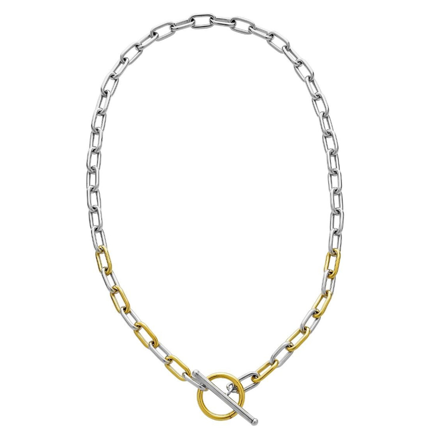 Silver & 18K Yellow Gold Oval Link T-Bar Link Necklace 18 Inch