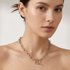 Silver & 18K Yellow Gold Oval Link T-Bar Link Necklace 18 Inch