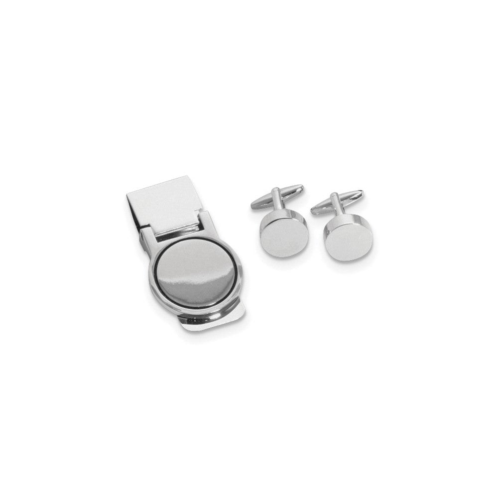 Silver - Plated Circular Design Engravable Cuff Link and Money Clip Set - JewelryAffairs