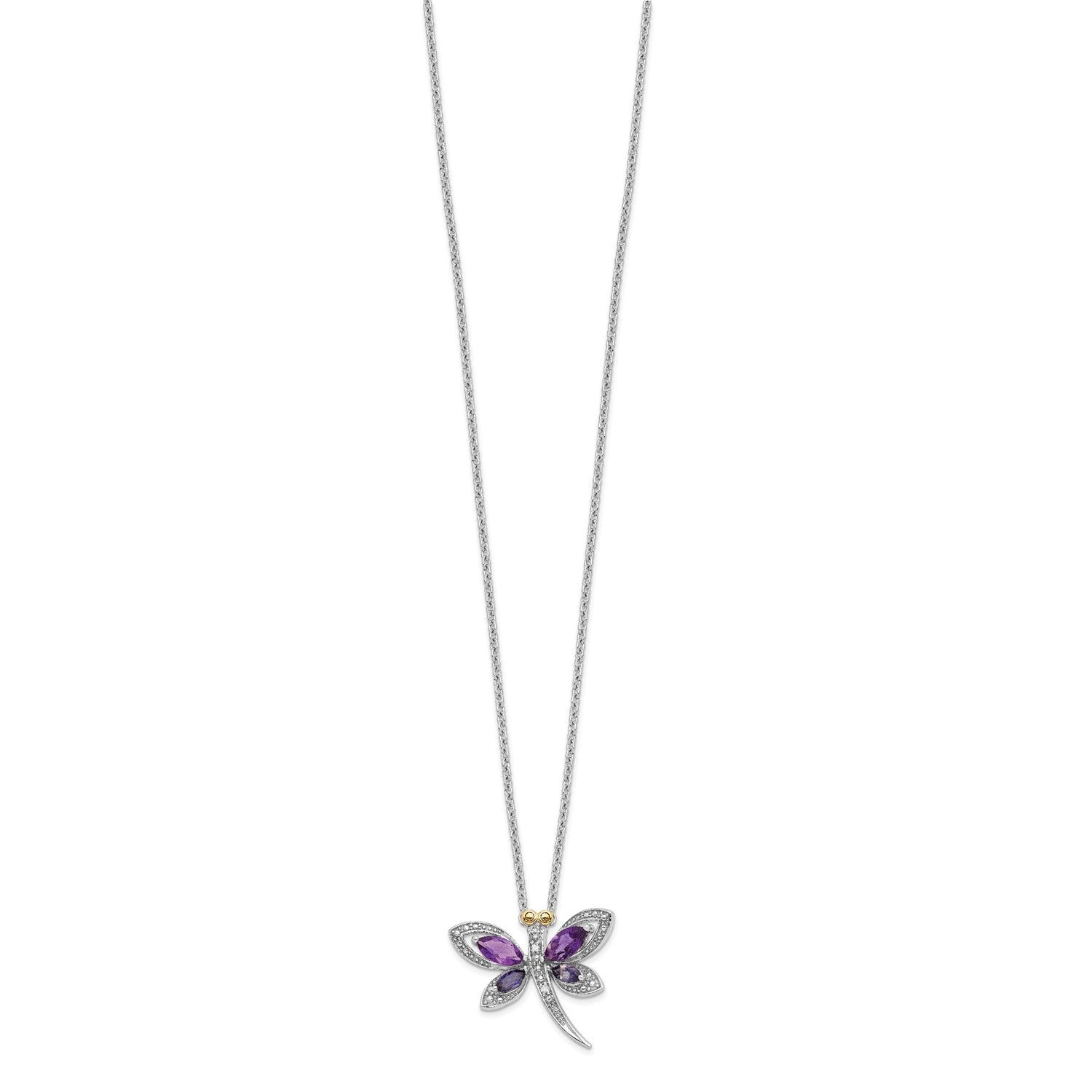 Sterling Silver and 14K Yellow Gold Amethyst and Diamond Dragonfly Necklace, 18 to 20 Adjustable - JewelryAffairs