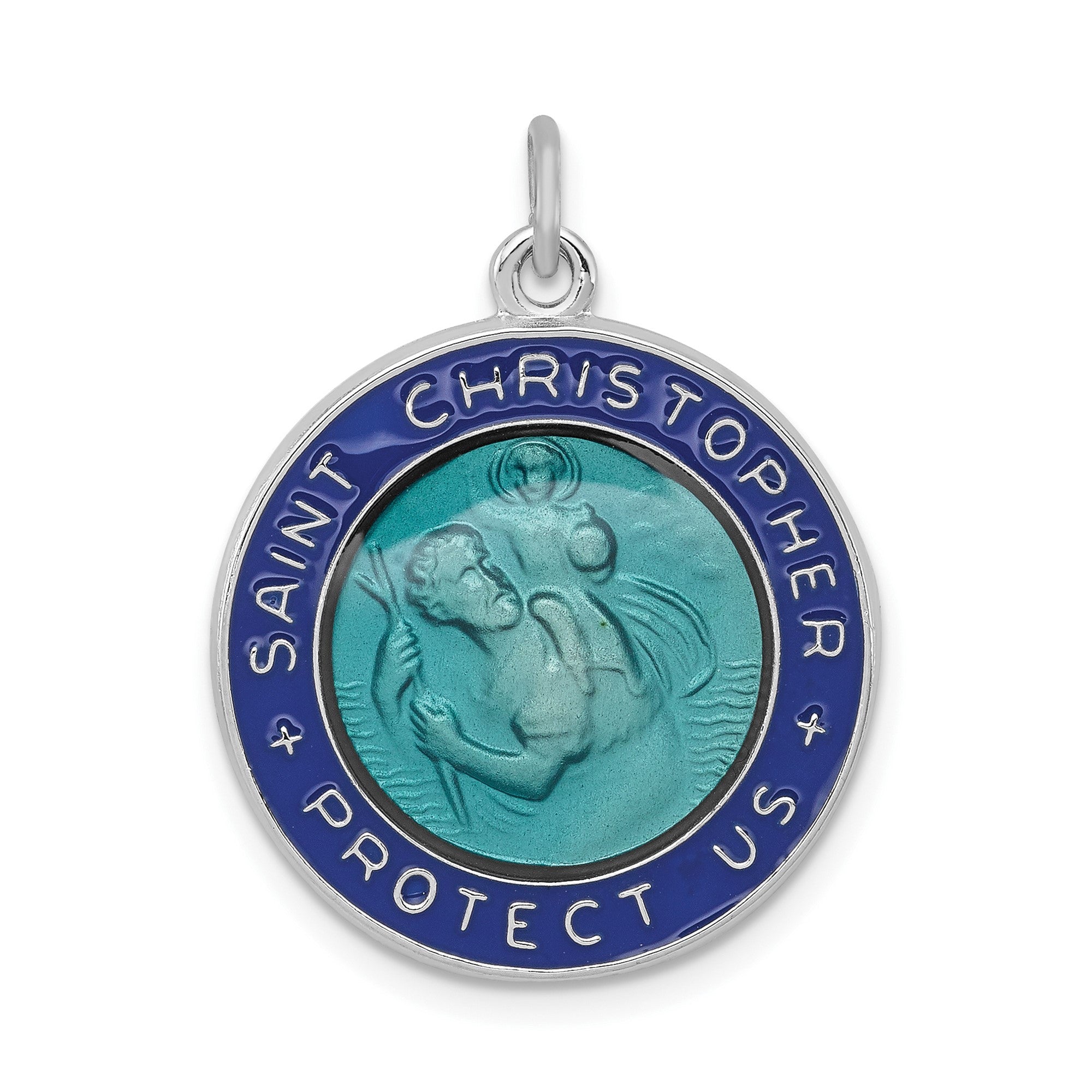 Sterling Silver Blue Enameled St. Christopher Medal Pendant, 20mm Diameter - JewelryAffairs