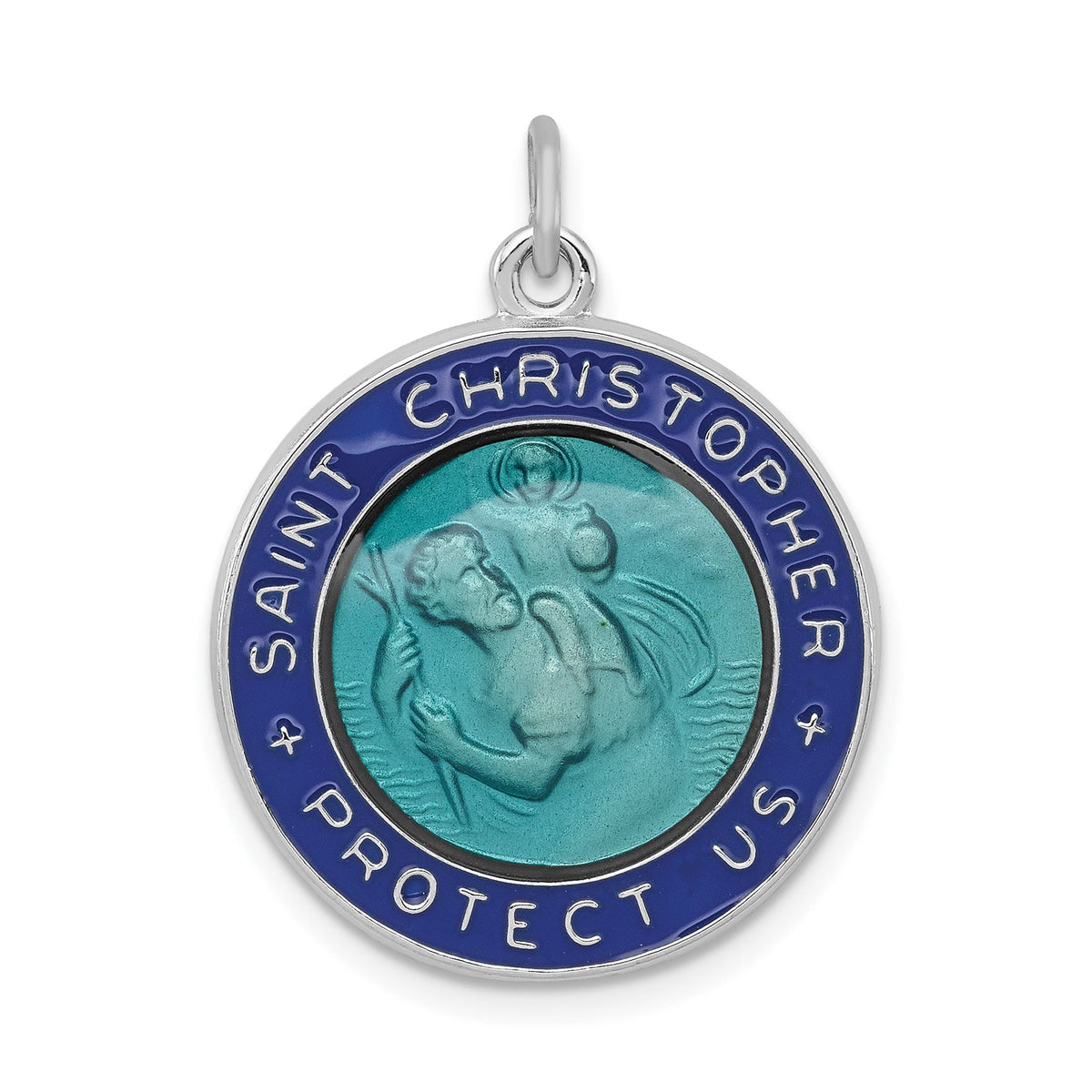 Sterling Silver Blue Enameled St. Christopher Medal Pendant, 20mm Diameter - JewelryAffairs