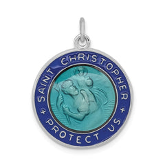 Sterling Silver Blue Enameled St. Christopher Medal Pendant, 20mm Diameter - JewelryAffairs
