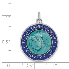 Sterling Silver Blue Enameled St. Christopher Medal Pendant, 20mm Diameter - JewelryAffairs